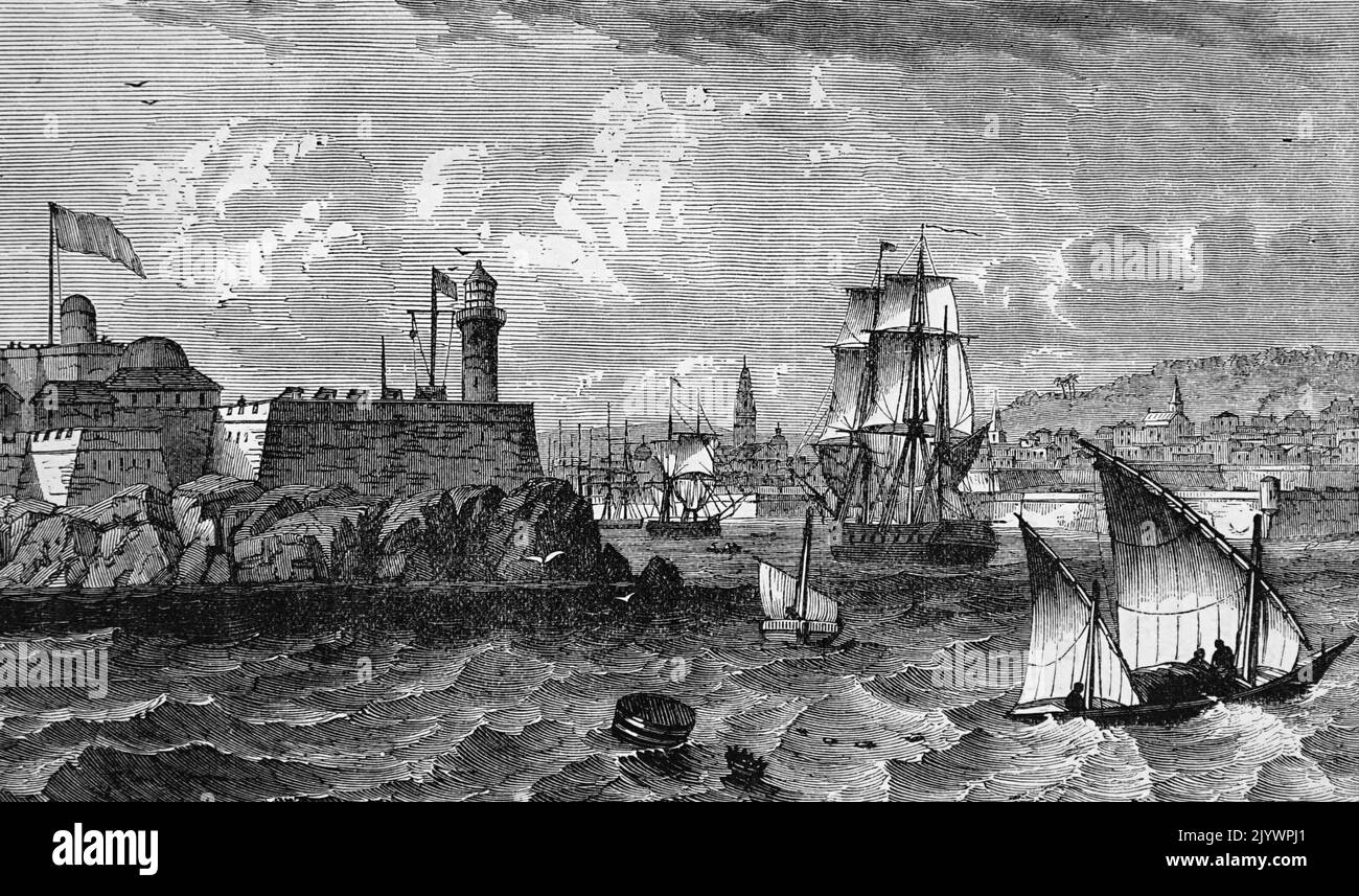Illustration depicting an old port town with ships and boats coming in and out. Dated 19th Century Stock Photo