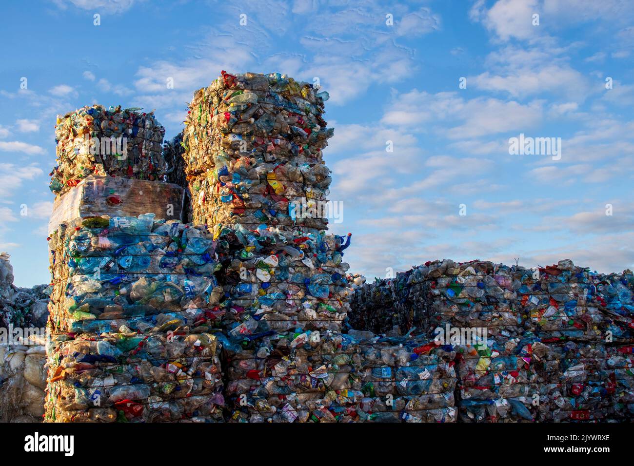 Waste processing, waste sorting. For recycled plastic waste compressed into bales. Plastic bottles, pressed Stock Photo