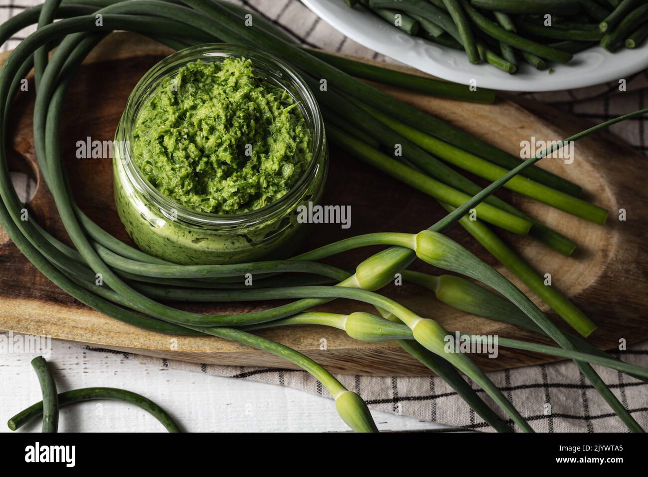Garlic Flower Stalk Pesto background and ??garlic flower stalks Stock