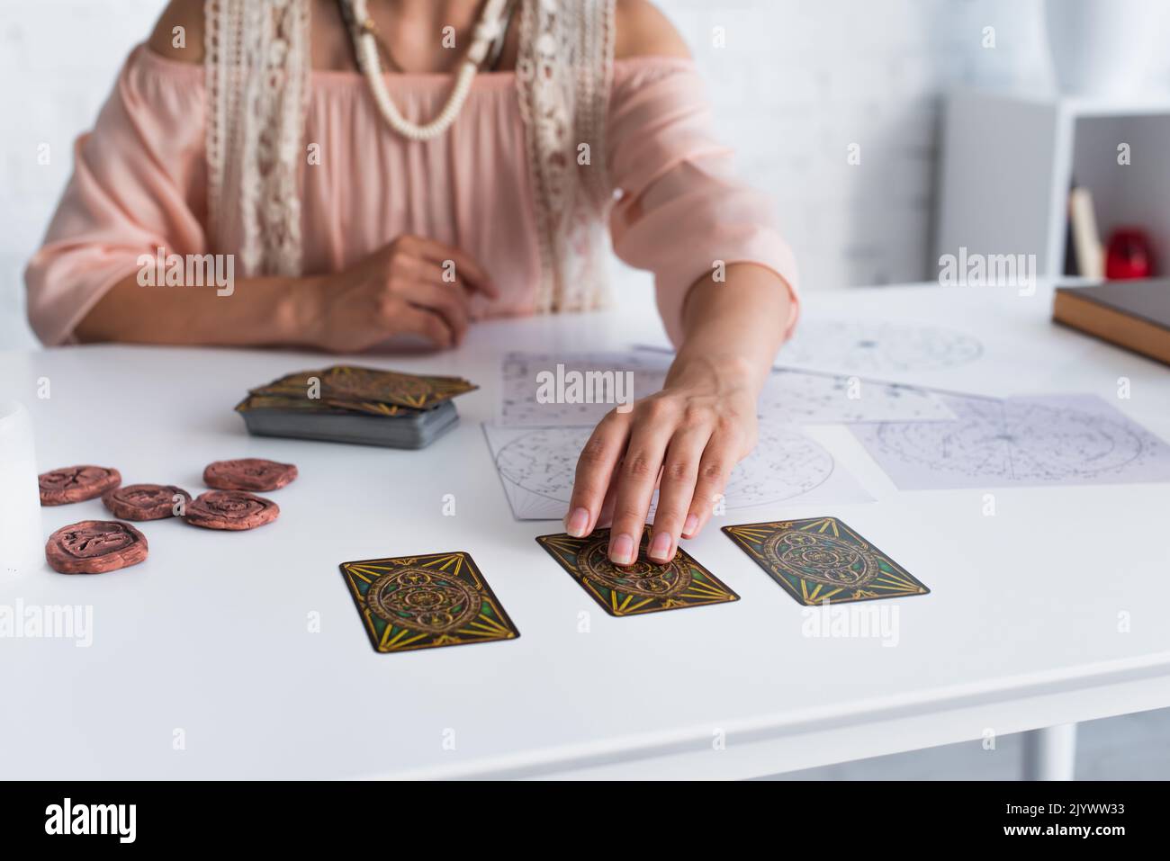 KYIV, UKRAINE - JUNE 29, 2022: cropped view of blurred astrologist ...