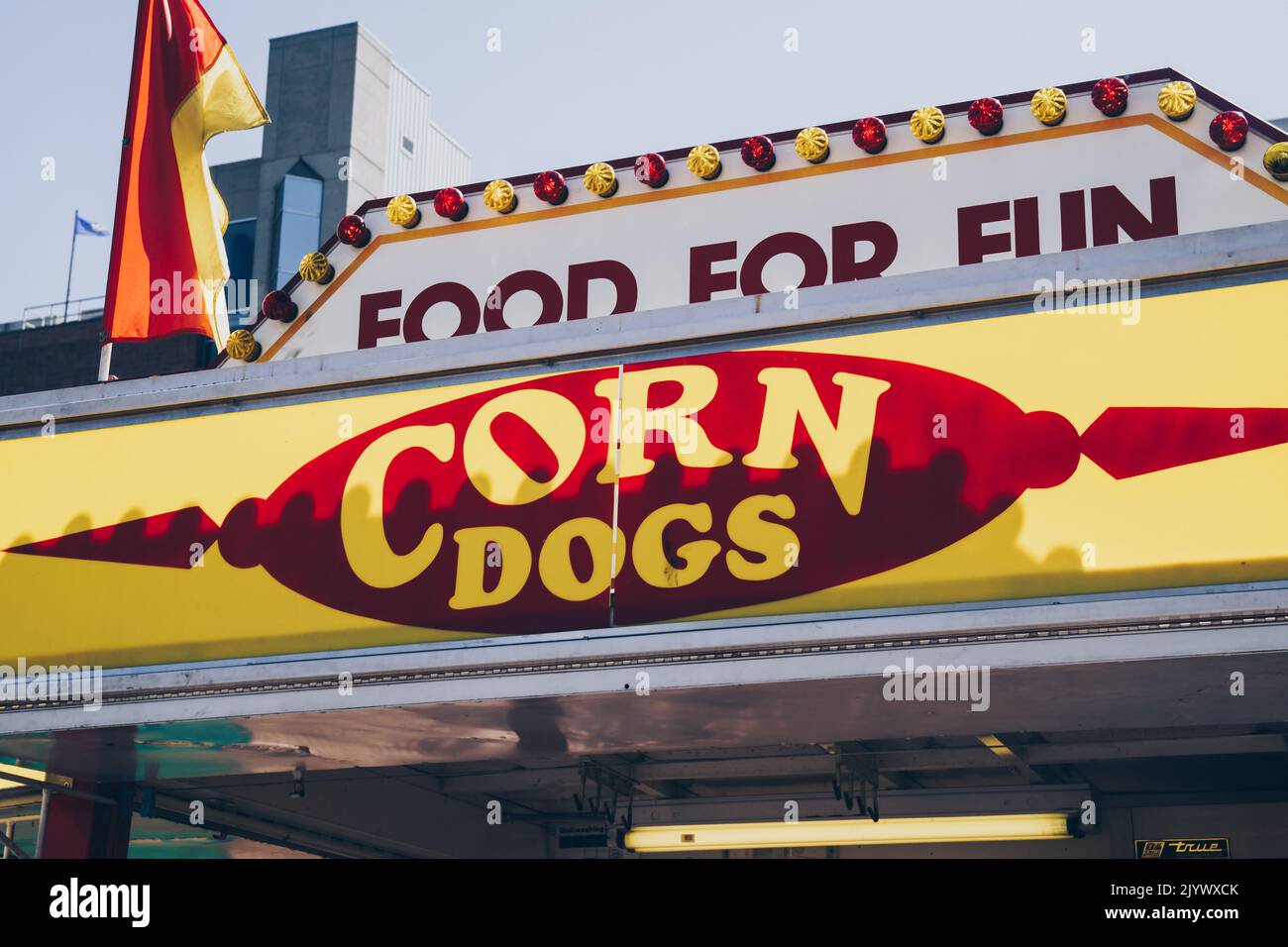 Calgary, Alberta, Canada July 15, 2022 Close up of a corn dog booth