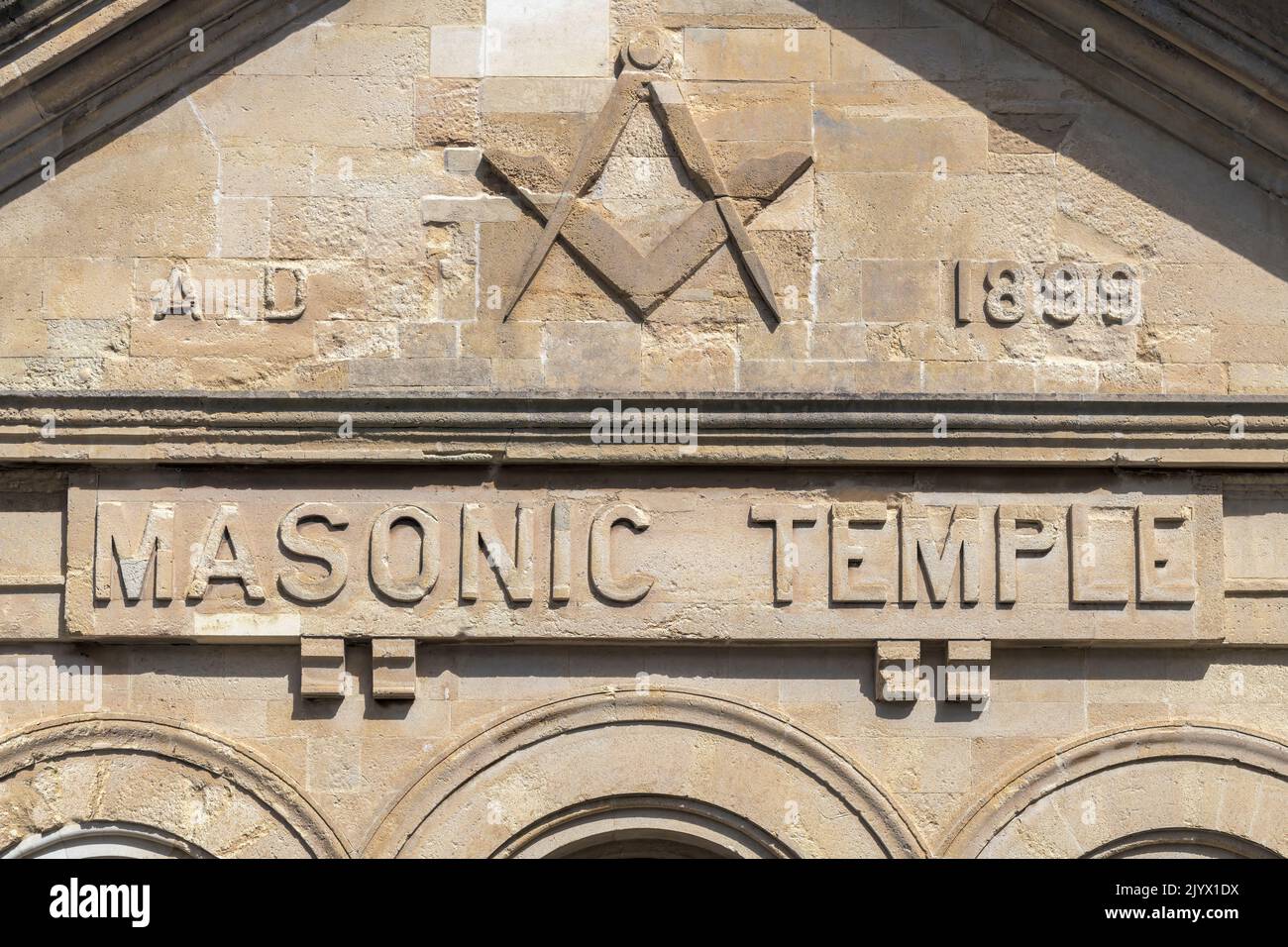 The weathered front fascia of the Masonic Temple in Ilfracombe, North Devon, England. Stock Photo