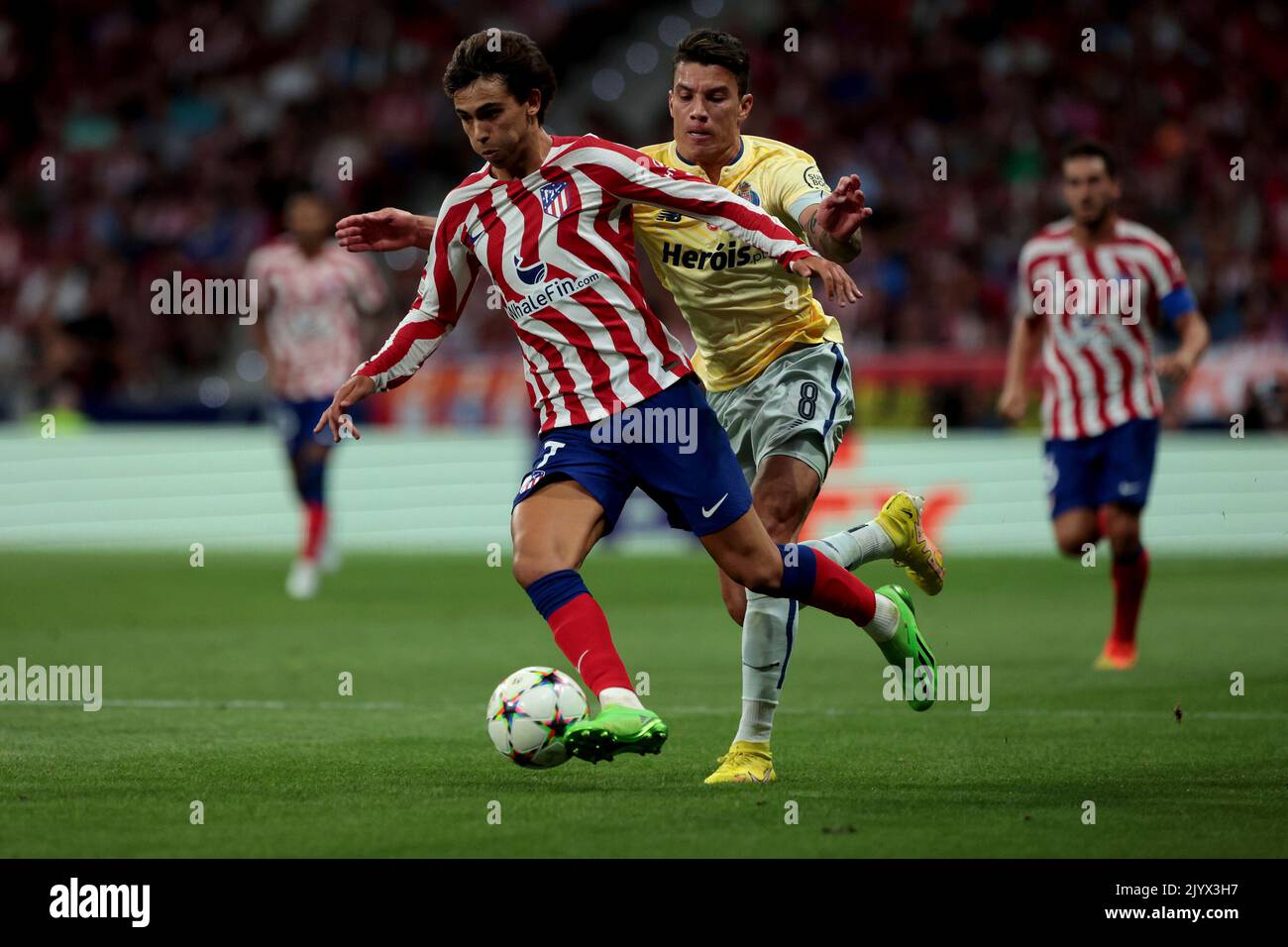 Madrid, Spanien. 07th Sep, 2022. Madrid, Spain: 07.09.2022.- Atletico player Joao Felix (L) and Porto player M. Uribe (R). Atletico de Madrid vs Porto Champions League group stage matchday 1 of 6. Held at the Civitas Metropolitano stadium in the Spanish capital. Atletico wins 2-1 goals from Mario Hermoso 90 1 and Antonie Griezmann 90 11  Porto goal scored by Mateus Uribe 90 6 (P) Credit: dpa/Alamy Live News Stock Photo