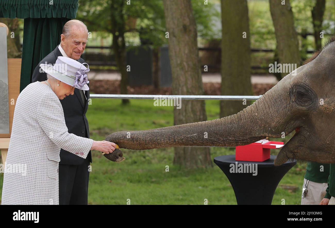 File photo dated 11/04/2017 of Queen Elizabeth II and the Duke of Edinburgh with an elephant at ZSL Whipsnade Zoo, where they officially opened the zoo's new Centre for Elephant Care. The Queen died peacefully at Balmoral this afternoon, Buckingham Palace has announced. Issue date: Thursday September 8, 2022. Stock Photo