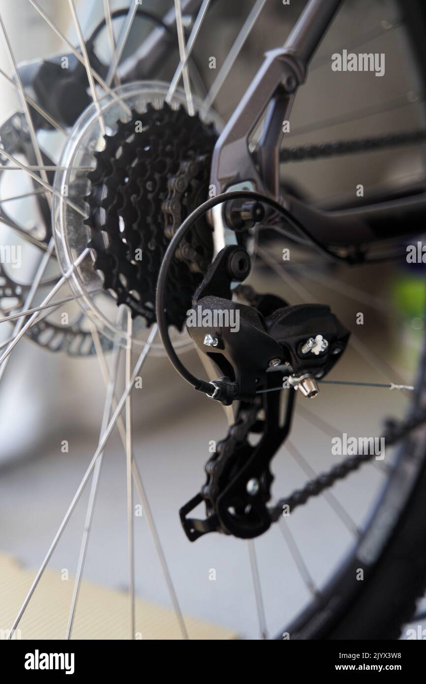 Mountain bike rear derailleur closeup. Rear racing bike cassette on