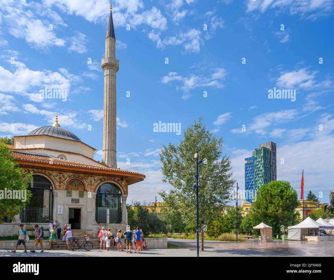 Et'hem Bej Mosque with the 4-Ever Tower behind, Skanderbeg Square (Sheshi Skënderbej), Tirana, Albania Stock Photo