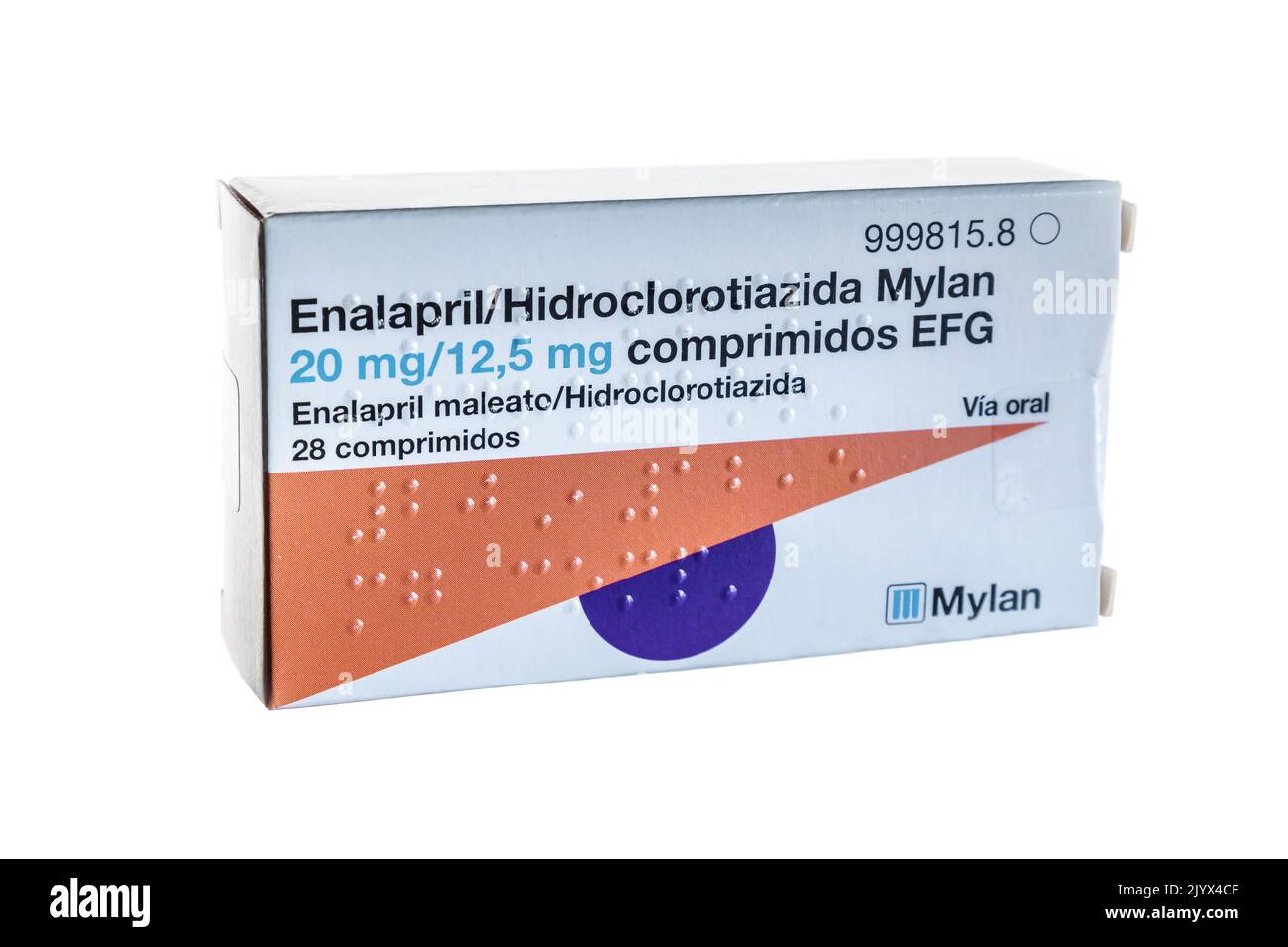 Huelva, Spain - September 08, 2022: A Generic Combination of Enalapril Maleate and Hydrochlorothiazide from Mylan laboratory, Treatment of essential h Stock Photo