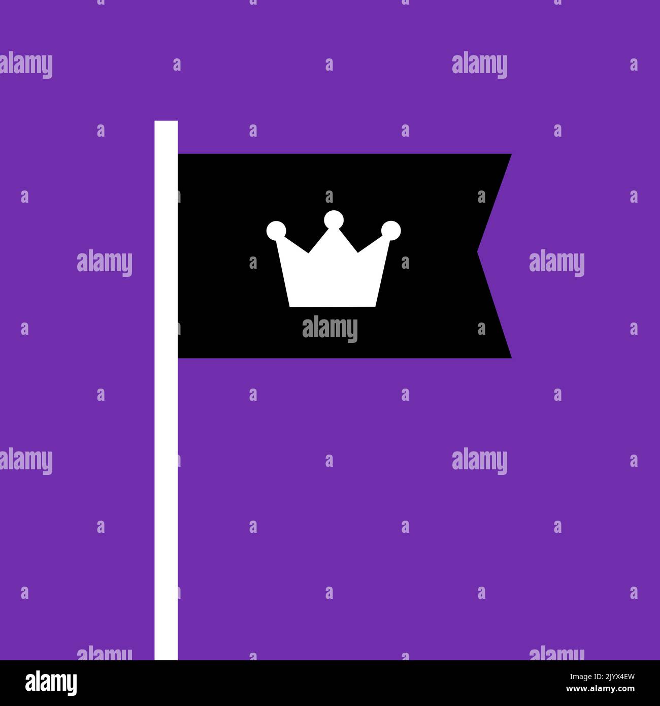 Death of queen or king - black flag with crown on flagpost as symbol of dead monarch in monarchy. Vector illustration isolated on plain purple backgro Stock Photo