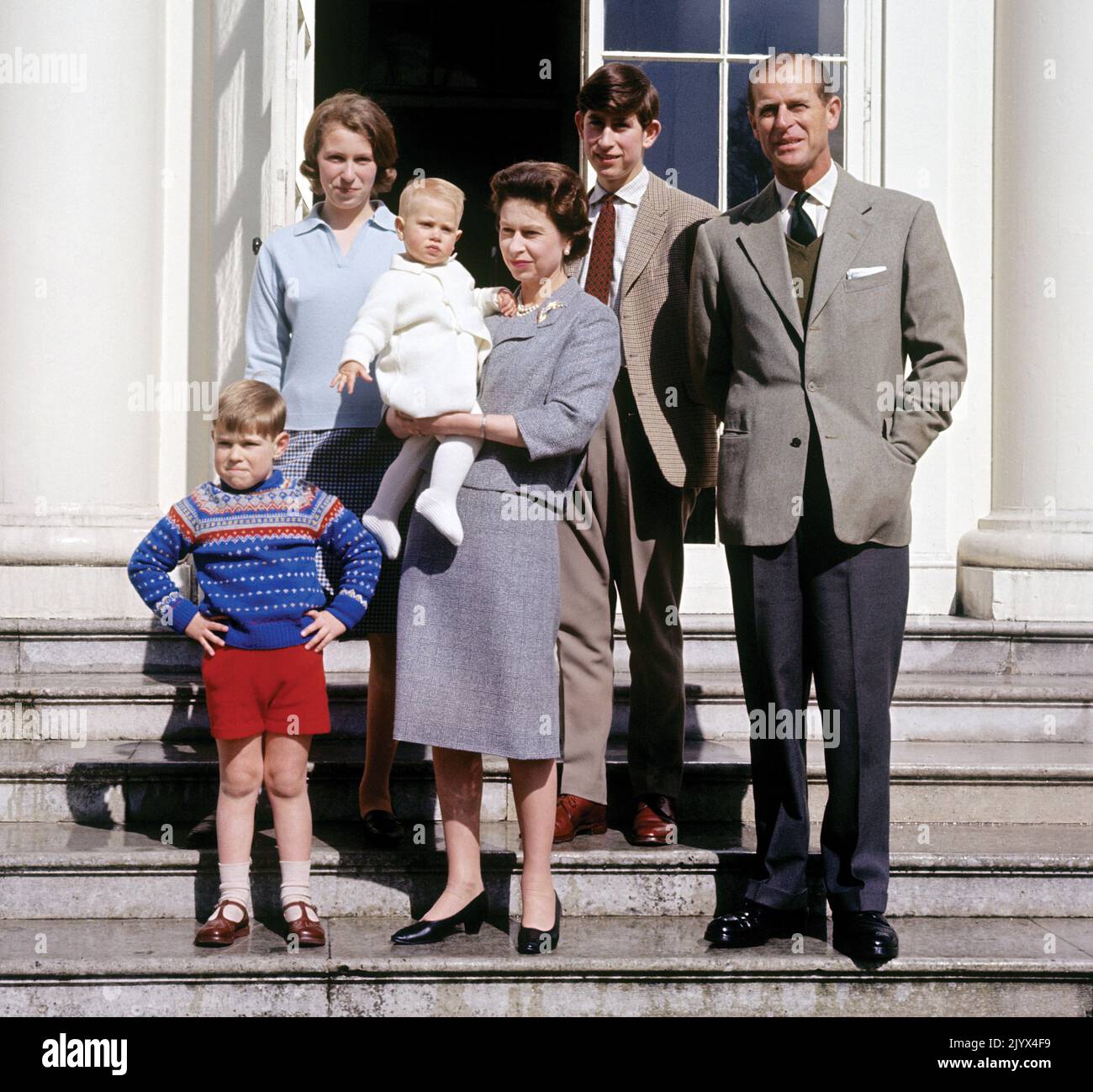 File photo dated 21/04/1965 of Queen Elizabeth II holding Prince Edward and surrounded by her family, the Duke of Edinburgh (right), the Prince of Wales and Princess Anne (behind) and Prince Andrew (left), at Windsor on the occasion of her 39th birthday. The Queen died peacefully at Balmoral this afternoon, Buckingham Palace has announced. Issue date: Thursday September 8, 2022. Stock Photo
