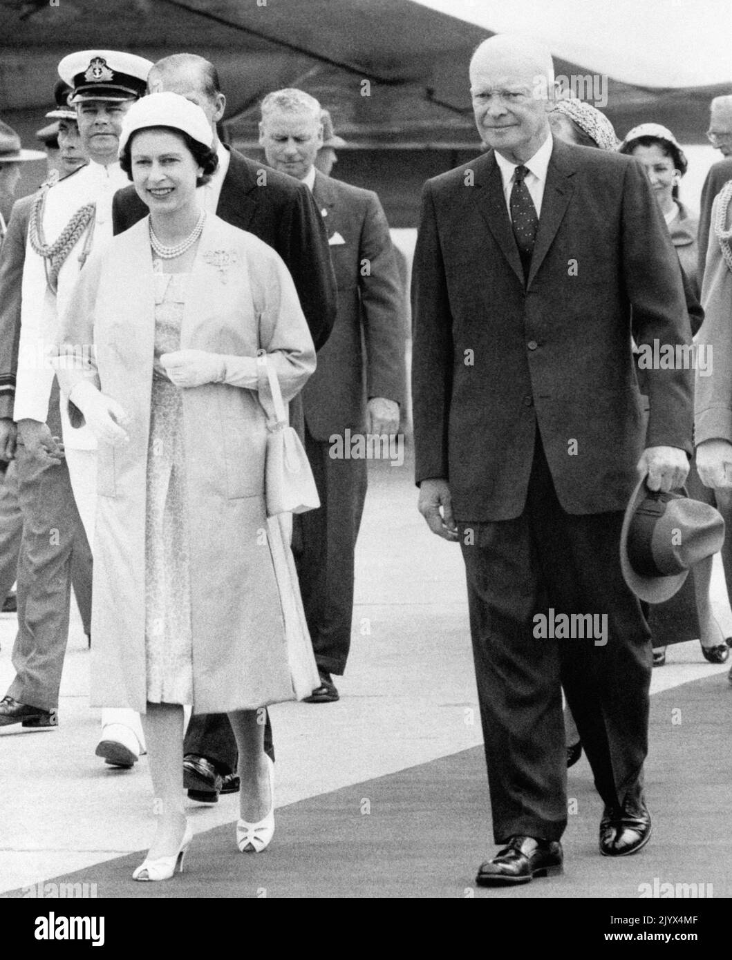 File photo dated 29/06/1959 of Queen Elizabeth II and US President Dwight D. Eisenhower leaving the airstrip at St. Hubert, Quebec, where The Queen greeted the President and his wife on their arrival in Canada. The Queen died peacefully at Balmoral this afternoon, Buckingham Palace has announced. Issue date: Thursday September 8, 2022. Stock Photo