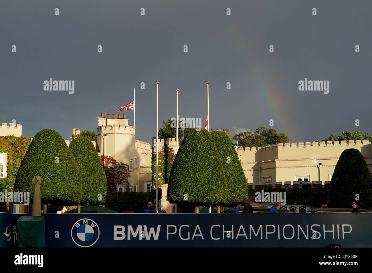 The Union Flag above Wentworth House flies at half mast following the announcement of the death of Queen Elizabeth II, during day one of the BMW PGA Championship at Wentworth Golf Club, Virginia Water. Picture date: Thursday September 8, 2022. Stock Photo