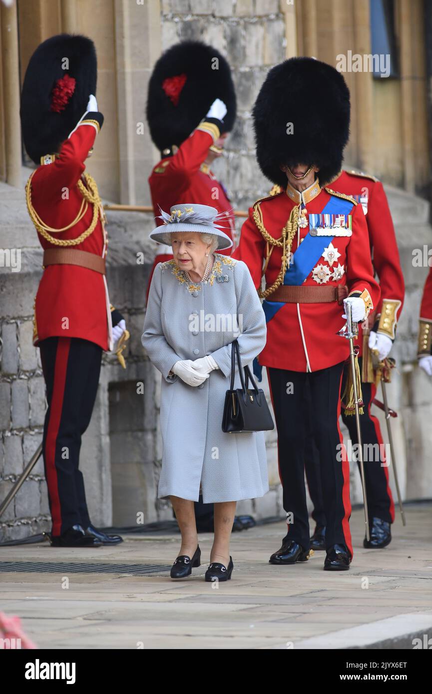 File photo dated 12/06/2021 of Queen Elizabeth II during a ceremony at Windsor Castle in Berkshire to mark her official birthday. The Queen died peacefully at Balmoral this afternoon, Buckingham Palace has announced. Issue date: Thursday September 8, 2022. Stock Photo
