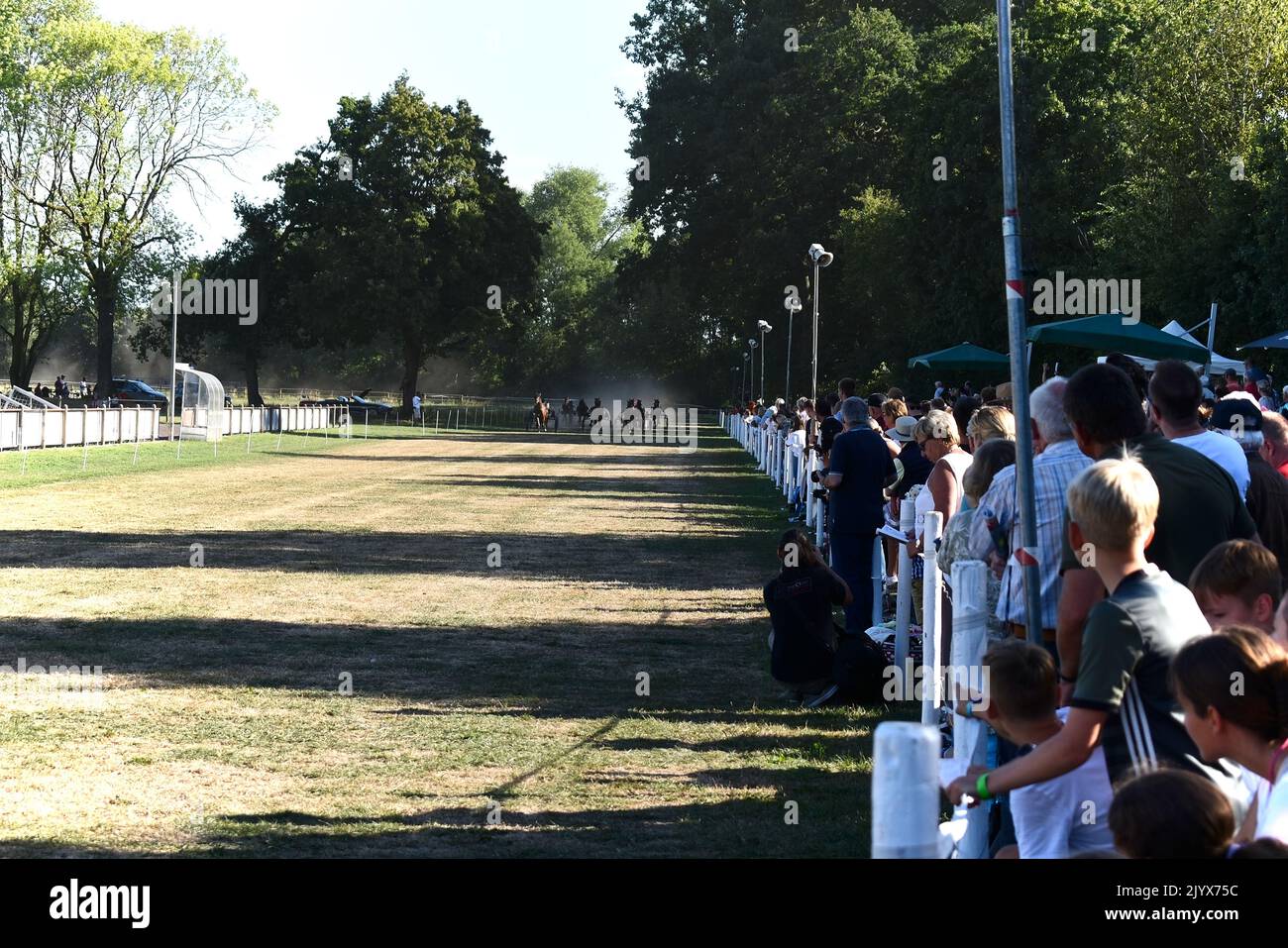 Excited crowd cheering at the finish line of a horse race. Adults and children in the crowd on a sunny racing day in Germany. Stock Photo