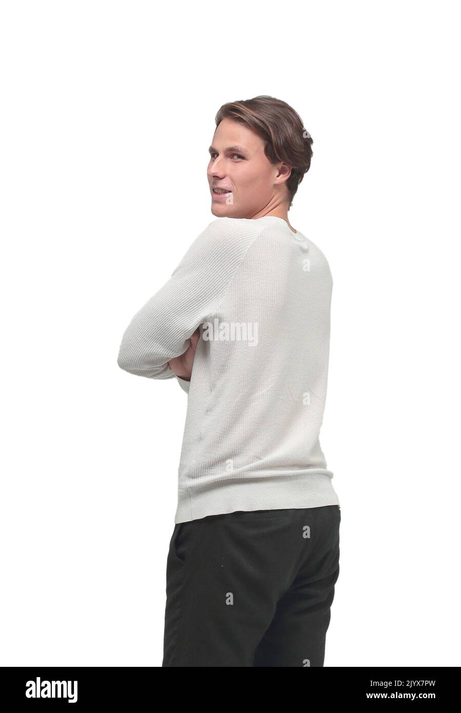 rear view. stylish young man looking at blank white wall Stock Photo ...