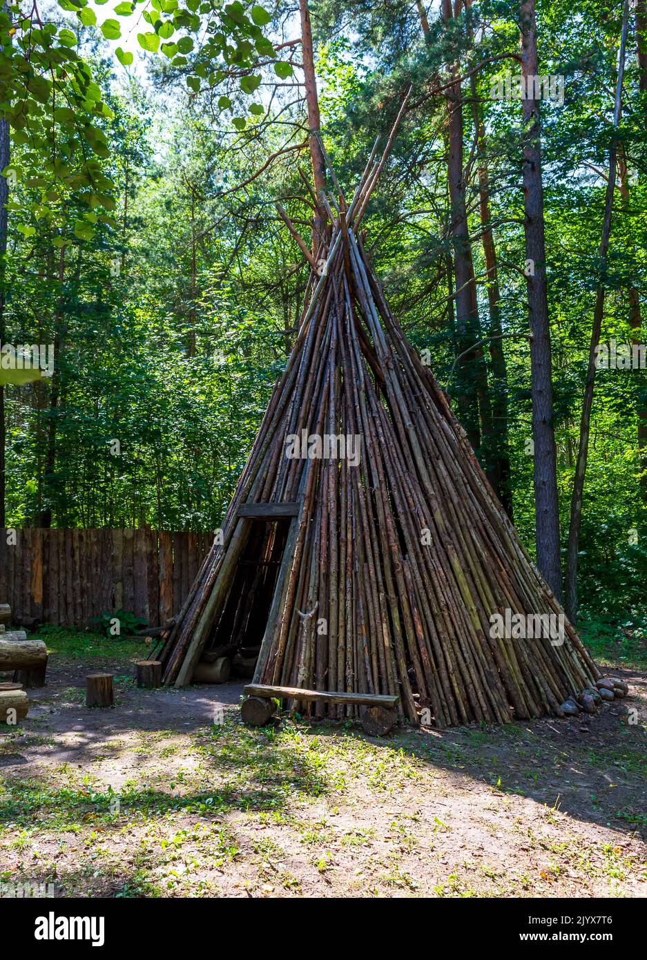 Lean-to cane teepee, reconstruction of cooking hut or smoke house near real-life version of a 12th century Semigallian fortification on the nearby Ter Stock Photo