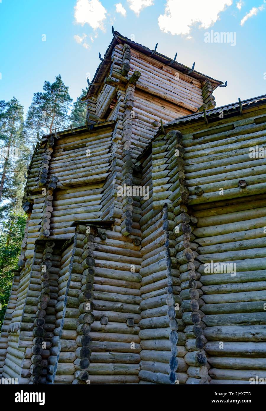 Real-life version of a 12th century Semigallian fortification on the nearby Tervete Hillfort, Latvia. Tervete wooden castle. Stock Photo