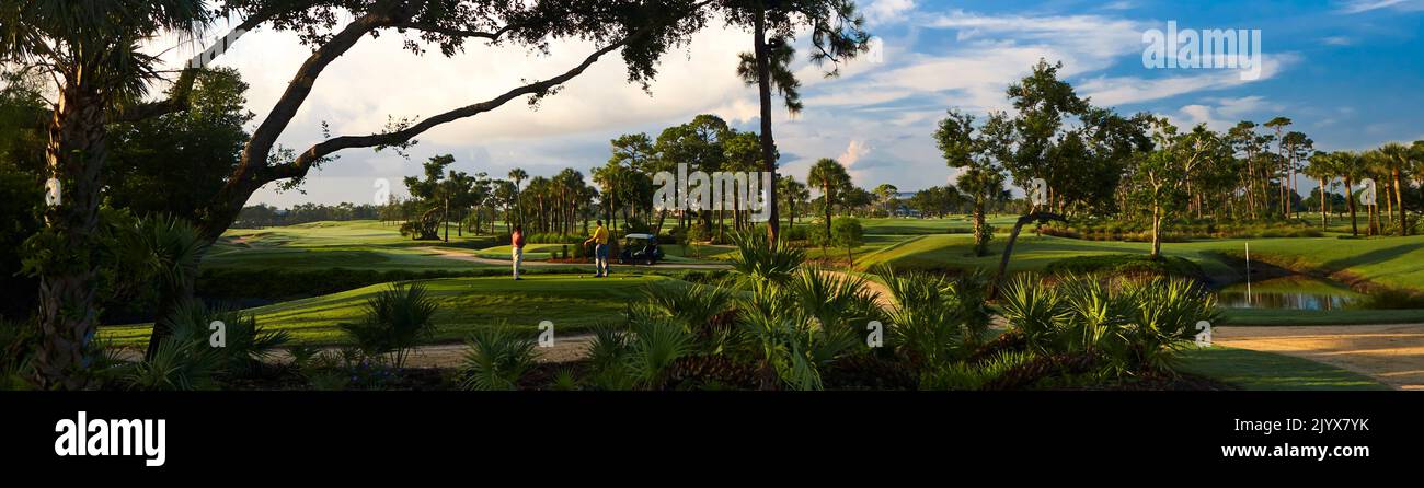 Golf course with two men at tee.  Panoramic photograph, very wide angle with early morning light.  No crowds, quiet and serene. Stock Photo