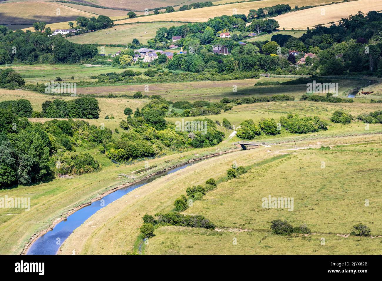 Aerial view of the Cuckmere river  and the countryside on a summer afternoon, East Sussex, England Stock Photo