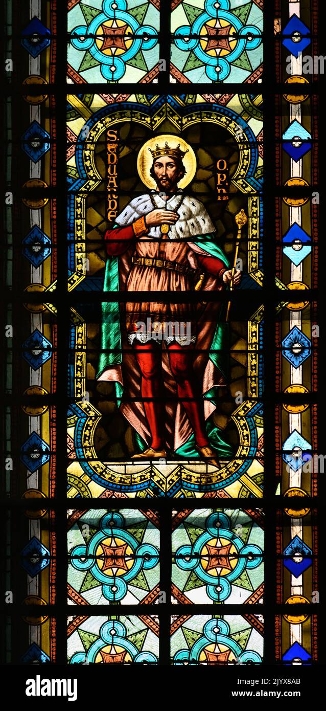 Stained-glass window depicting Saint Edward the Confessor. Blumental church in Bratislava, Slovakia. Stock Photo