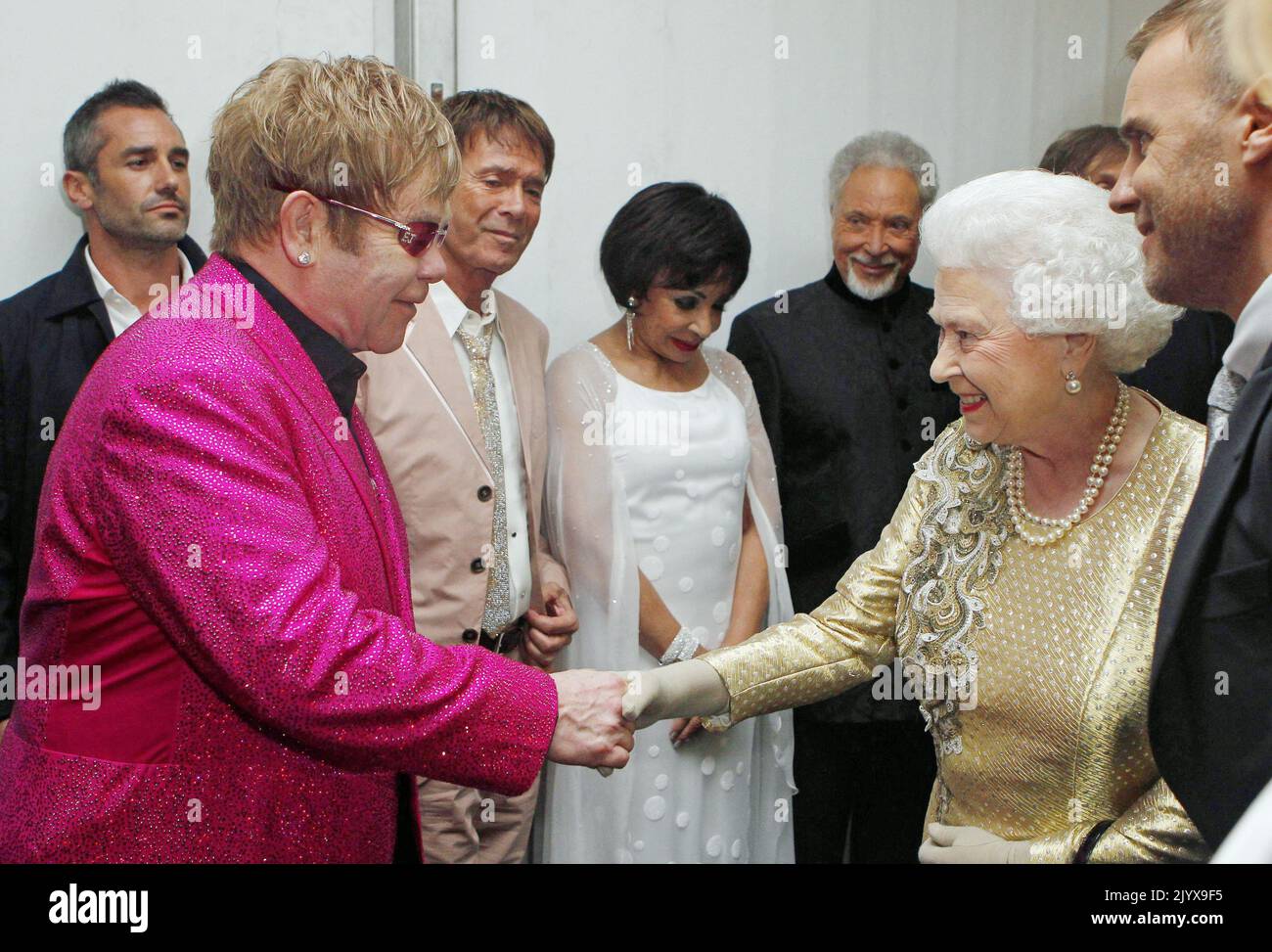 File photo dated 4/6/2012 of Queen Elizabeth II meeting Sir Elton John backstage at The Diamond Jubilee Concert outside Buckingham Palace, London. Issue date: Thursday September 8, 2022. The monarch was not fazed by celebrities and encountered hundreds of showbiz stars, pop legends and Hollywood greats over the decades, but many admitted to nerves on coming face to face with the famous long-reigning sovereign. Stock Photo