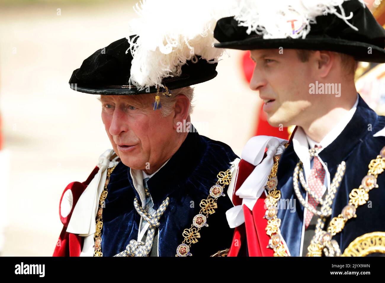File photo dated 18/6/2018 of the Prince of Wales (left) and the Duke of Cambridge attending the annual Order of the Garter Service at St George's Chapel, Windsor Castle. Issue date: Thursday September 8, 2022. The Duke and Duchess of Sussex plunged the royal family into one of the most challenging periods in modern royal history during the later years of the Queen's reign but a return to the UK for the funeral could offer Harry the chance to reunite with his family amid their shared grief and heartache for the loss of the Queen. Stock Photo