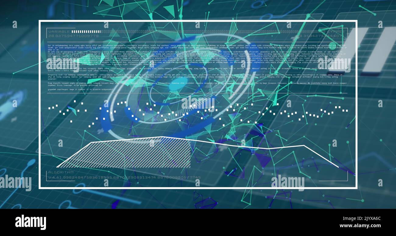 Image of digital circles, dots connected with lines and programming codes moving on screens Stock Photo