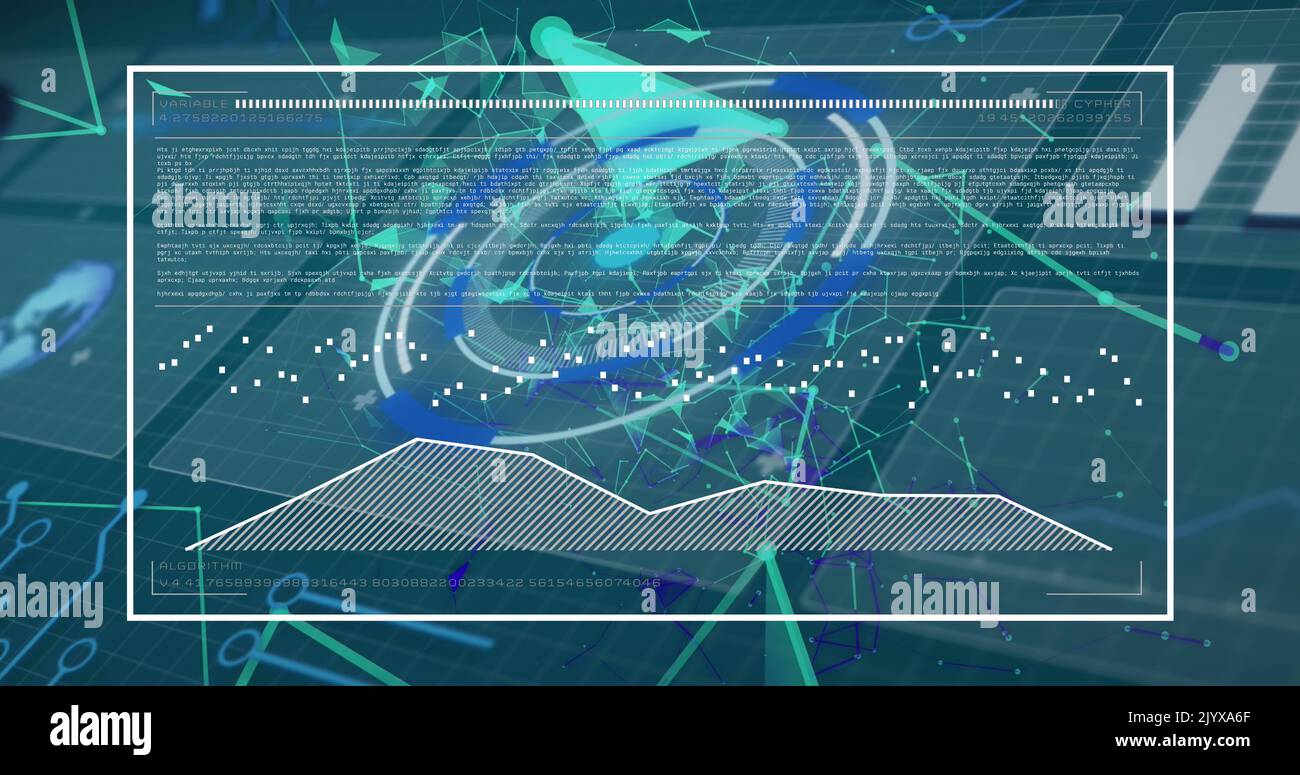 Image of digital circles, dots connected with lines and programming codes moving on screens Stock Photo