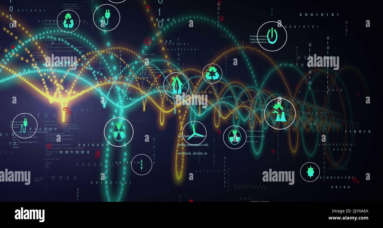Image of computer icons with colorful spiral patterns and programming data Stock Photo