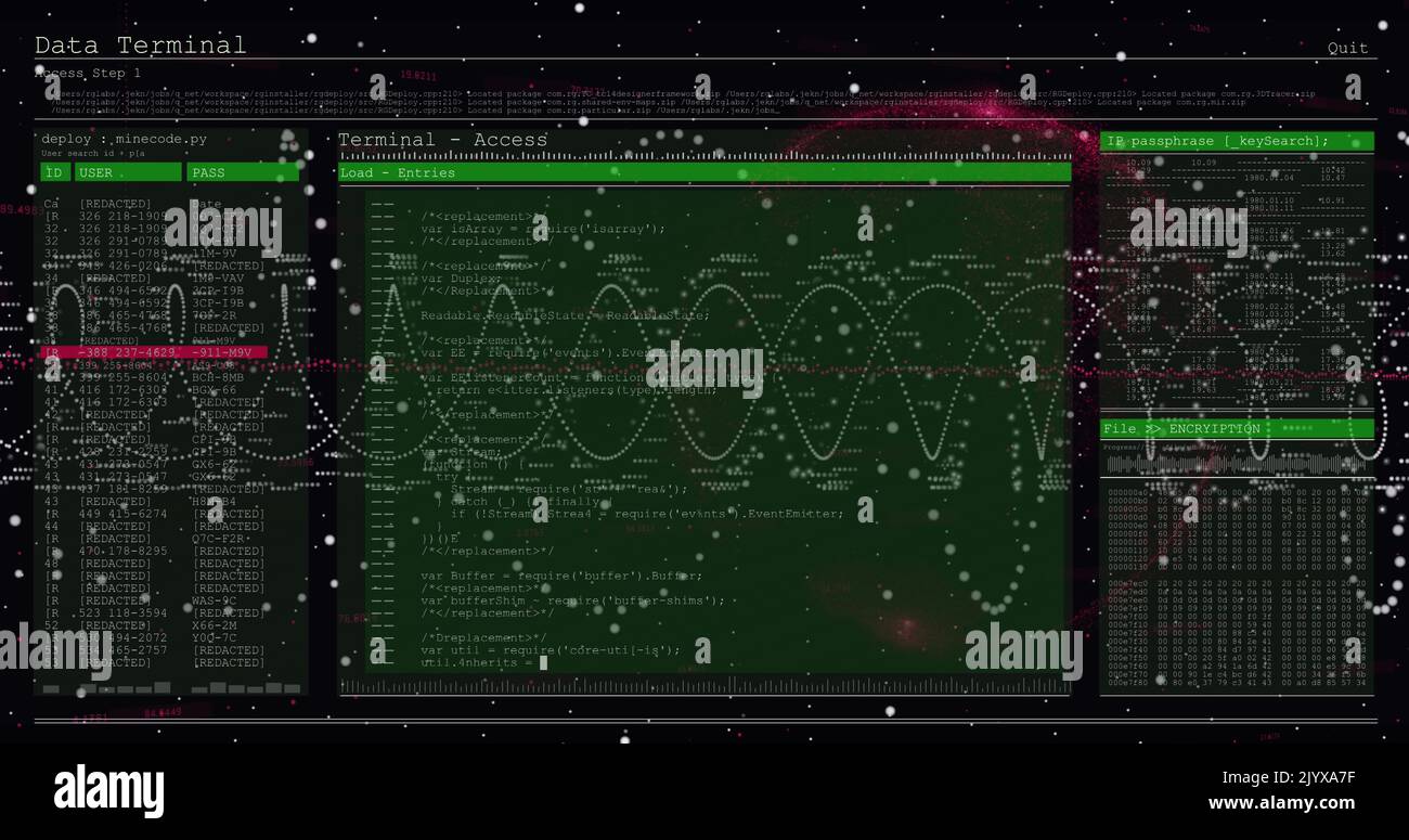 Image of digital interface screen with programming language and spiral ...