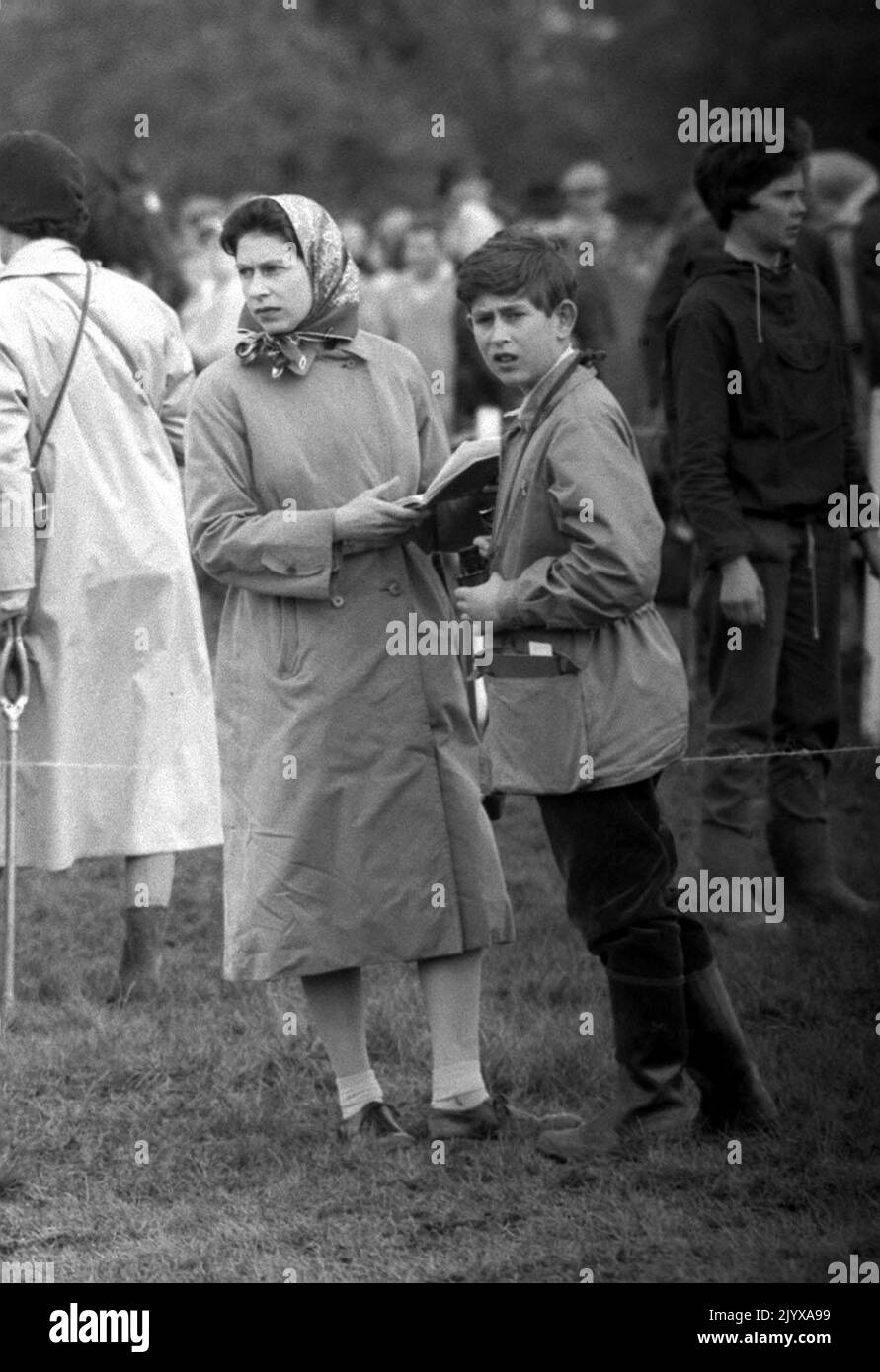 File photo dated 21/4/1961 of Prince Charles (12) with his mother, Queen Elizabeth II, at the three day horse trials at Badminton, Gloucestershire. Being head of state was a full-time job and left the Queen as a young mother with limited time for her children. Nannies were called upon and boarding school was considered essential for the royal youngsters. It was also regarded as a progressive choice at the time and encouraged the Queen's four offspring to mix with children from different backgrounds. Issue date: Thursday September 8, 2022. Stock Photo