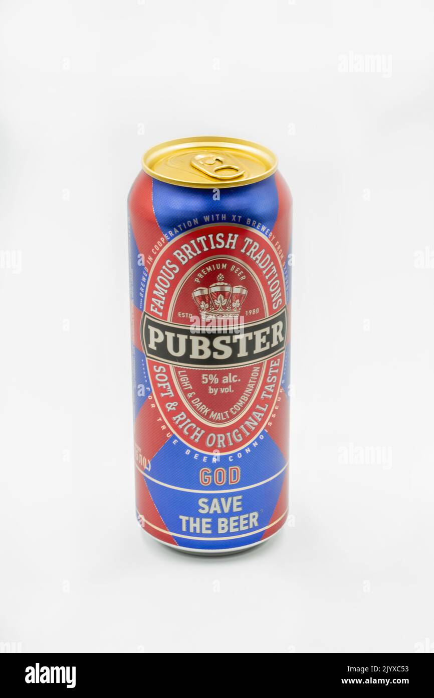 Kyiv, Ukraine - July 24, 2021: Pubster British beer can closeup on white. Stock Photo