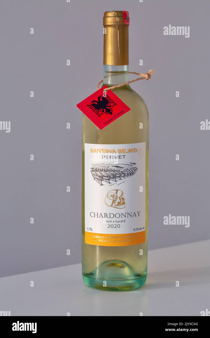 Saranda, Albania - July 29, 2021: Kantina Bejko Chardonnay Albanian white dry wine bottle closeup. Stock Photo