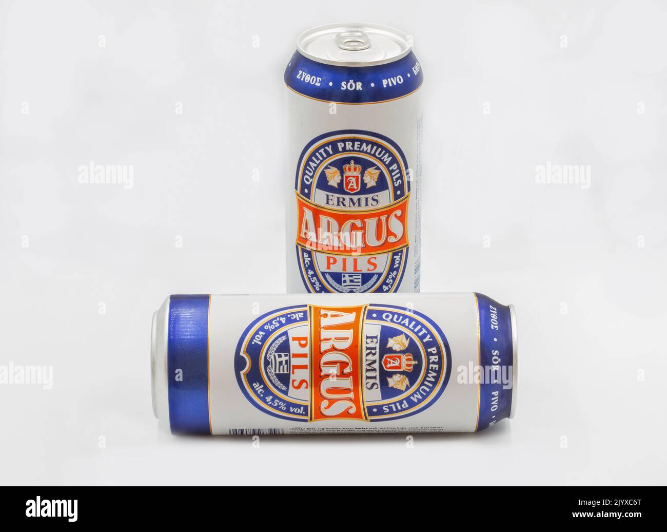 Corfu, Greece - August 02, 2021: Studio shoot of Argus Ermis beer cans closeup on white. It is a Lidl supermarket own brand beer. Stock Photo