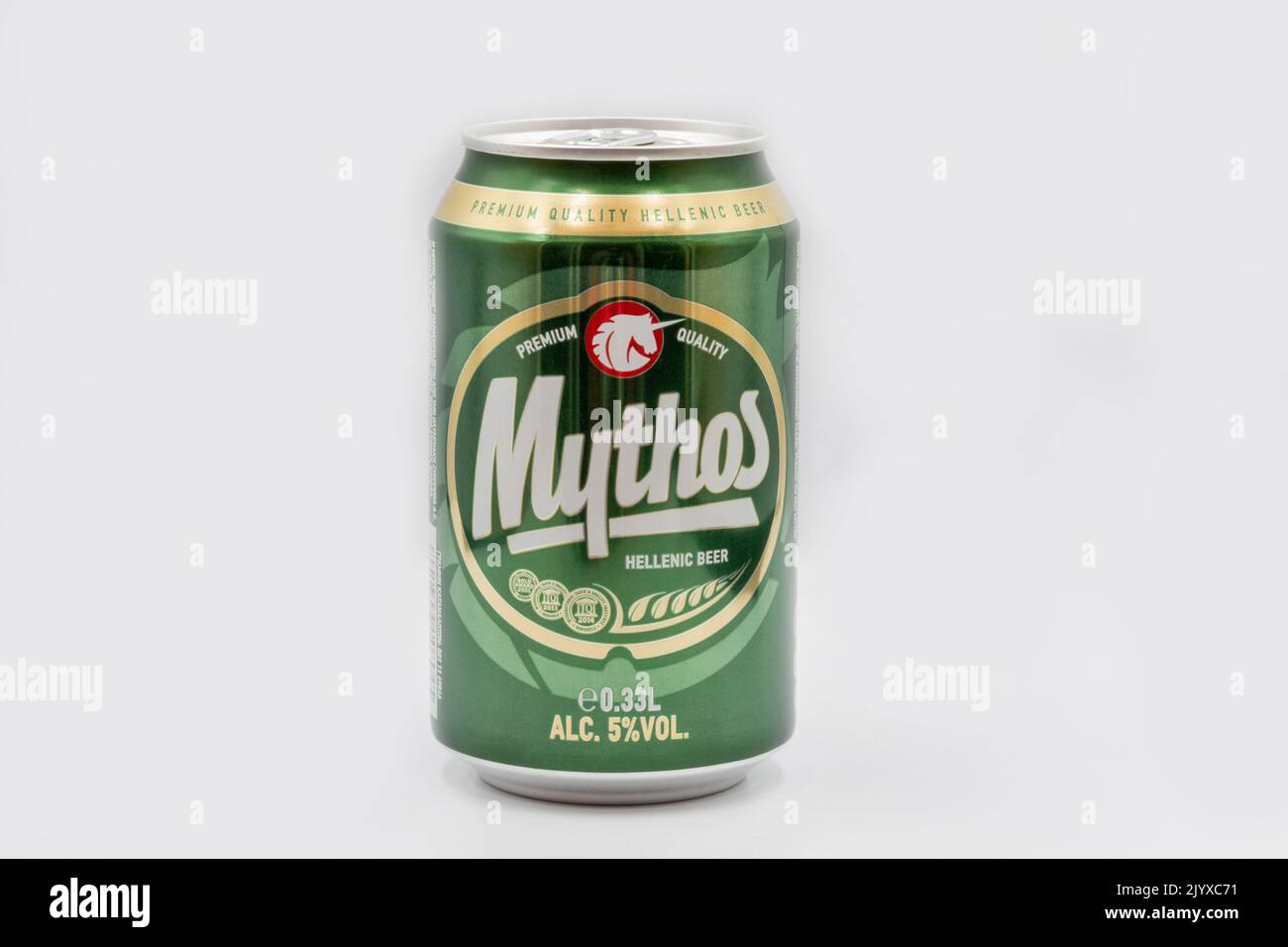 Corfu, Greece - August 05, 2021: Studio shoot of Mythos beer can closeup on white. Mythos is a Greek beer brand created in 1997 and since 2015 produce Stock Photo