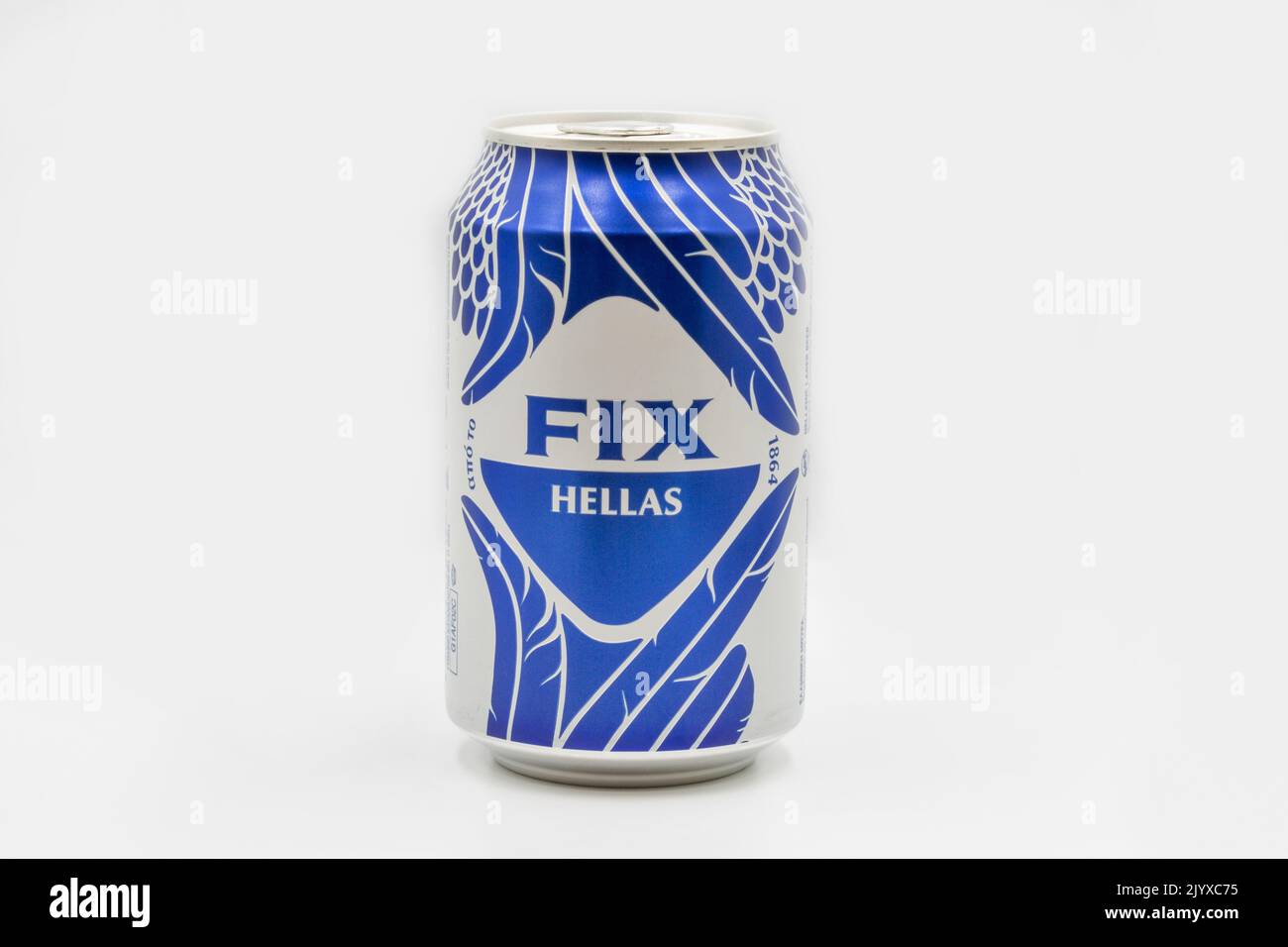 Corfu, Greece - August 05, 2021: Studio shoot of Fix beer can closeup on white. The Fix brewery was founded in 1864 by Johann Karl Fix in Athens and i Stock Photo