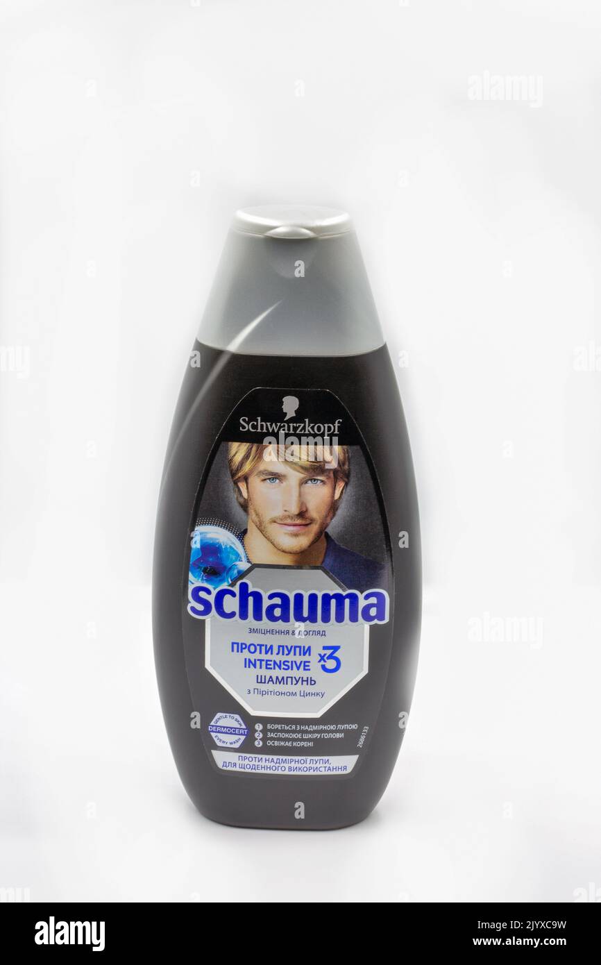 Kyiv, Ukraine - August 23, 2021: Schwarzkopf Schauma man anti-dandruff intensive shampoo closeup. Company owned by Henkel, one of the leading beauty b Stock Photo