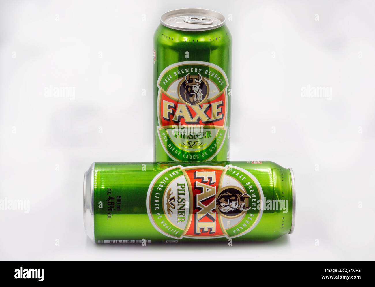 Kyiv, Ukraine - October 02, 2021: Faxe Danish pilsner beer cans closeup against white bacground. Faxe or Fakse is a town on the island of Zealand in e Stock Photo