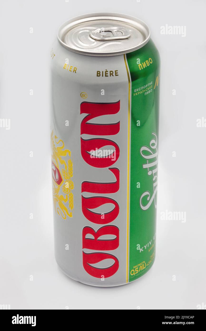 Kyiv, Ukraine - October 02, 2021: Studio shoot of Obolon Svitle Ukrainian beer can closeup against white. Obolon Joint Stock Company is a major Ukrain Stock Photo