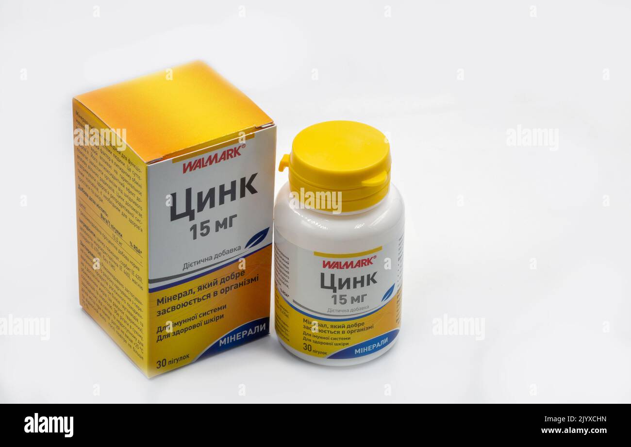 Kyiv, Ukraine - November 21, 2021: Studio shot of Walmark dietary supplement Zinc closeup on white. Zinc plays a role in the growth and maintenance of Stock Photo