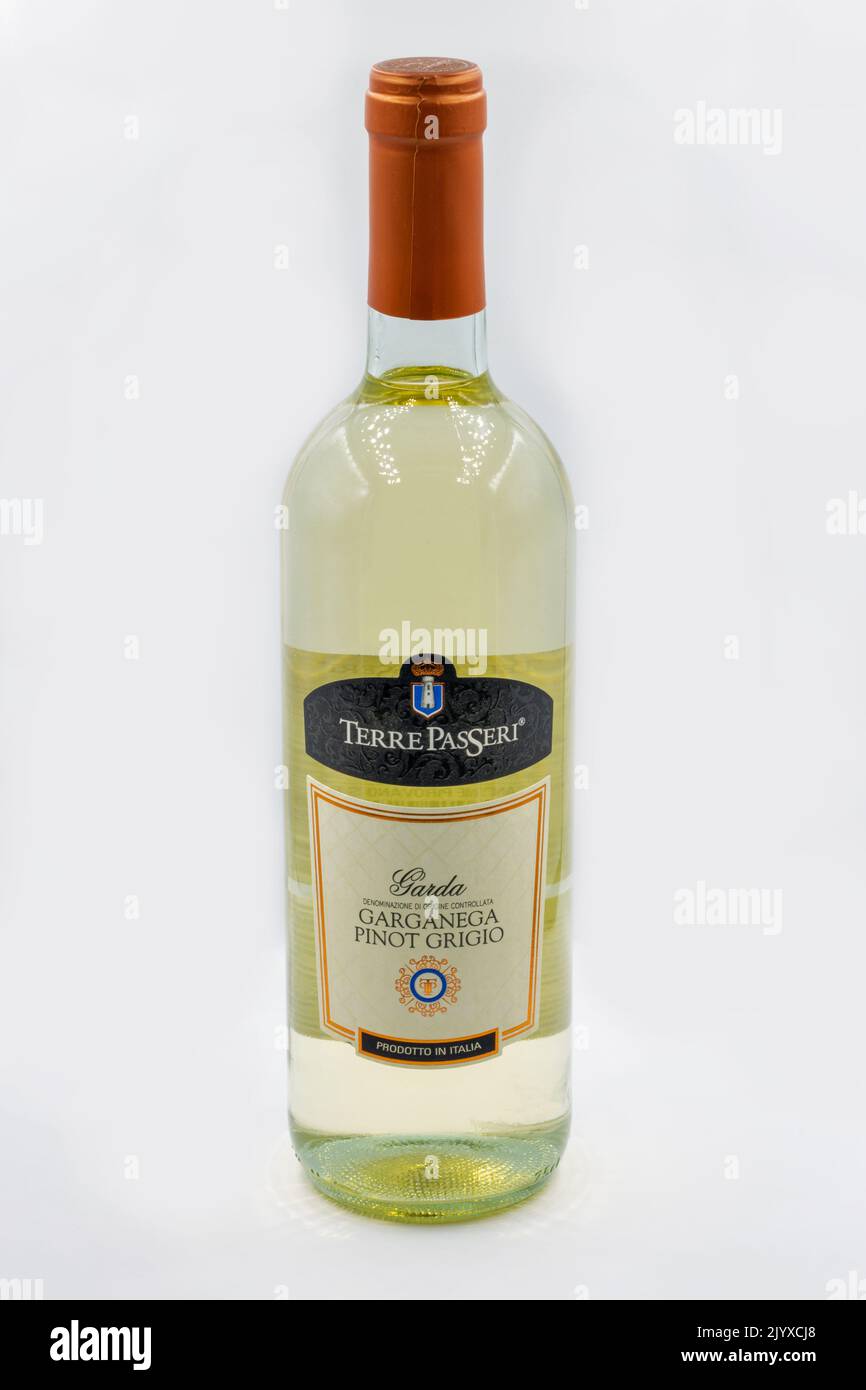 Kyiv, Ukraine - November 21, 2021: Italian Terre Passeri Garda Garganega Pinot Grigio white dry wine bottle closeup on white. Stock Photo