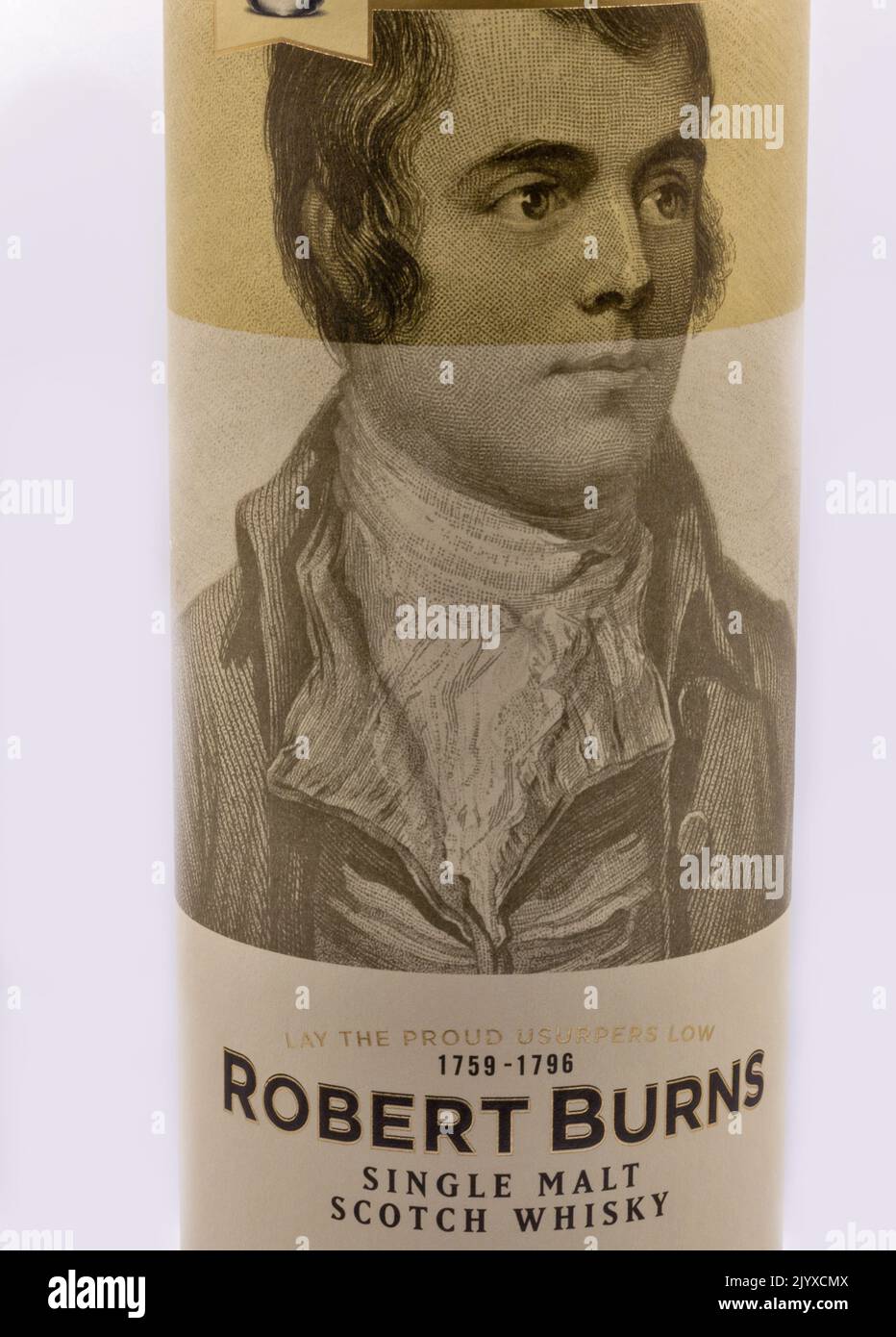 Kyiv, Ukraine - December 26, 2021: Studio shoot of Robert Burns Single Malt Scotch Whisky closeup on white. It is named after the famous Scottish poet Stock Photo