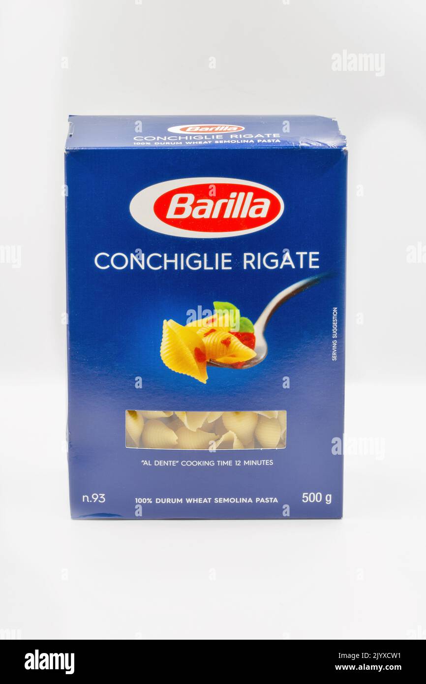 Kyiv, Ukraine April 24, 2022 Barilla pasta shells pack closeup on