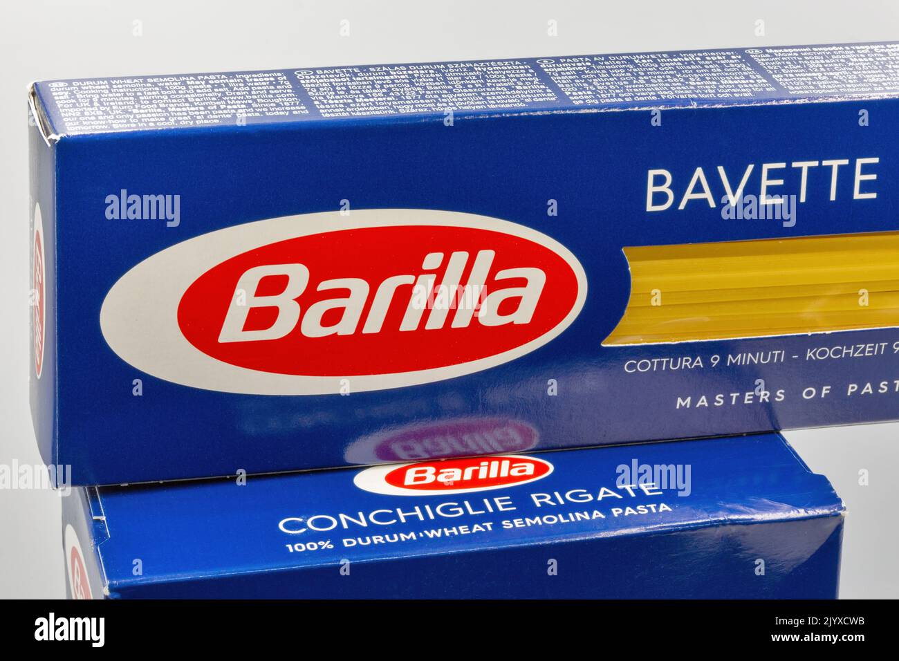 Kyiv, Ukraine - April 24, 2022: Barilla pasta shells Conchiglie Rigate and  spaghetti Bavette n.13 packs closeup on white. Barilla S.p.A. is an Italian  Stock Photo - Alamy