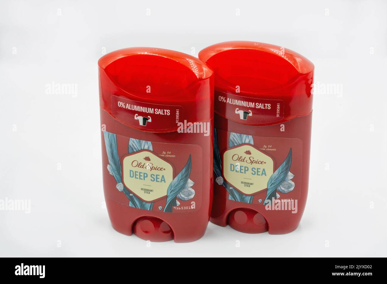 Kyiv, Ukraine - June 01, 2022: Studio shoot of Old Spice Deep Sea deodorant sticks closeup on white. It is an American brand of male grooming products Stock Photo