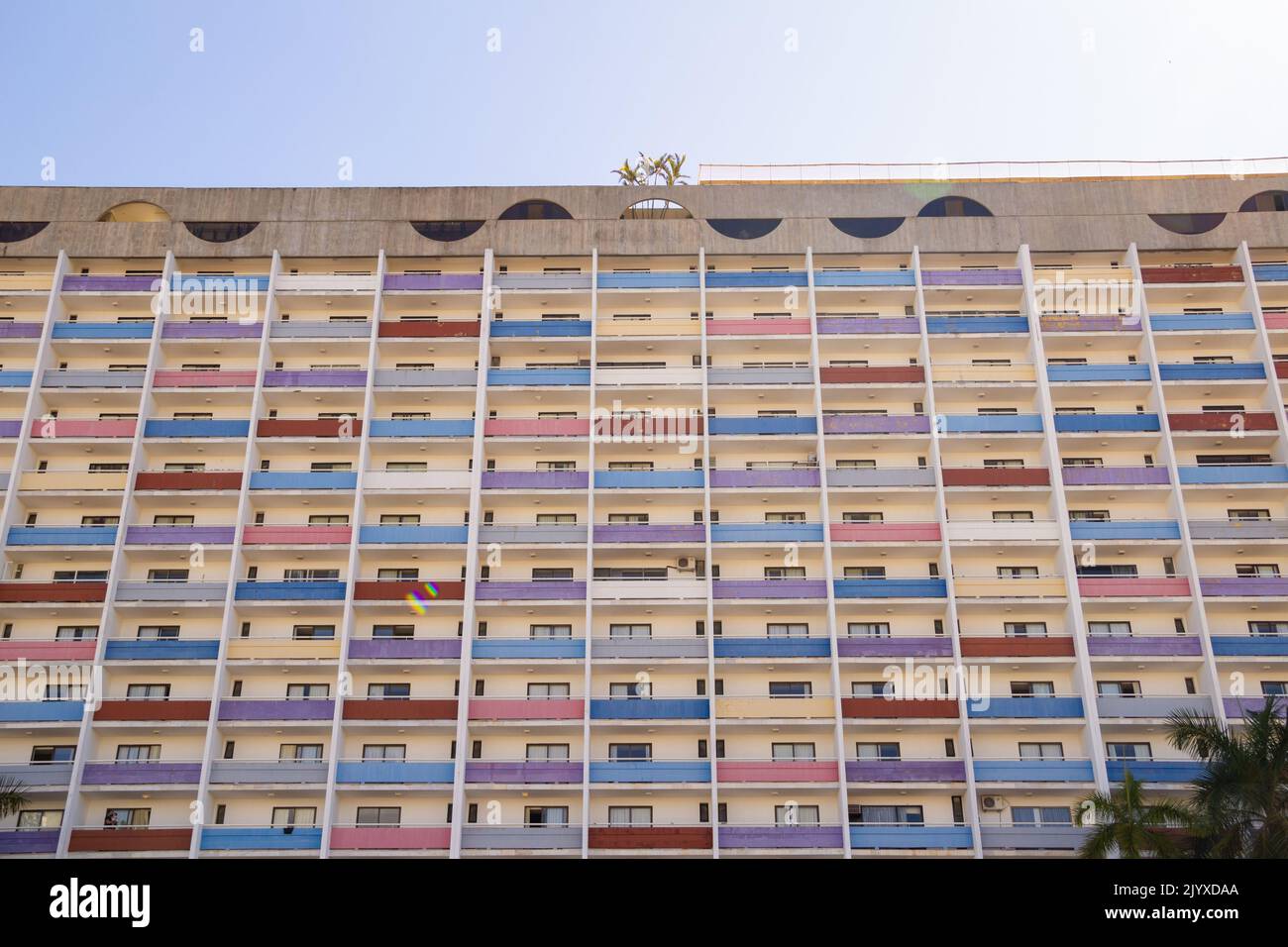 Brasília, Federal District, Brazil – July 23, 2022: Detail of a beautiful hotel, all colorful, in the center of Brasília. St Paul Plaza Hotel. Stock Photo