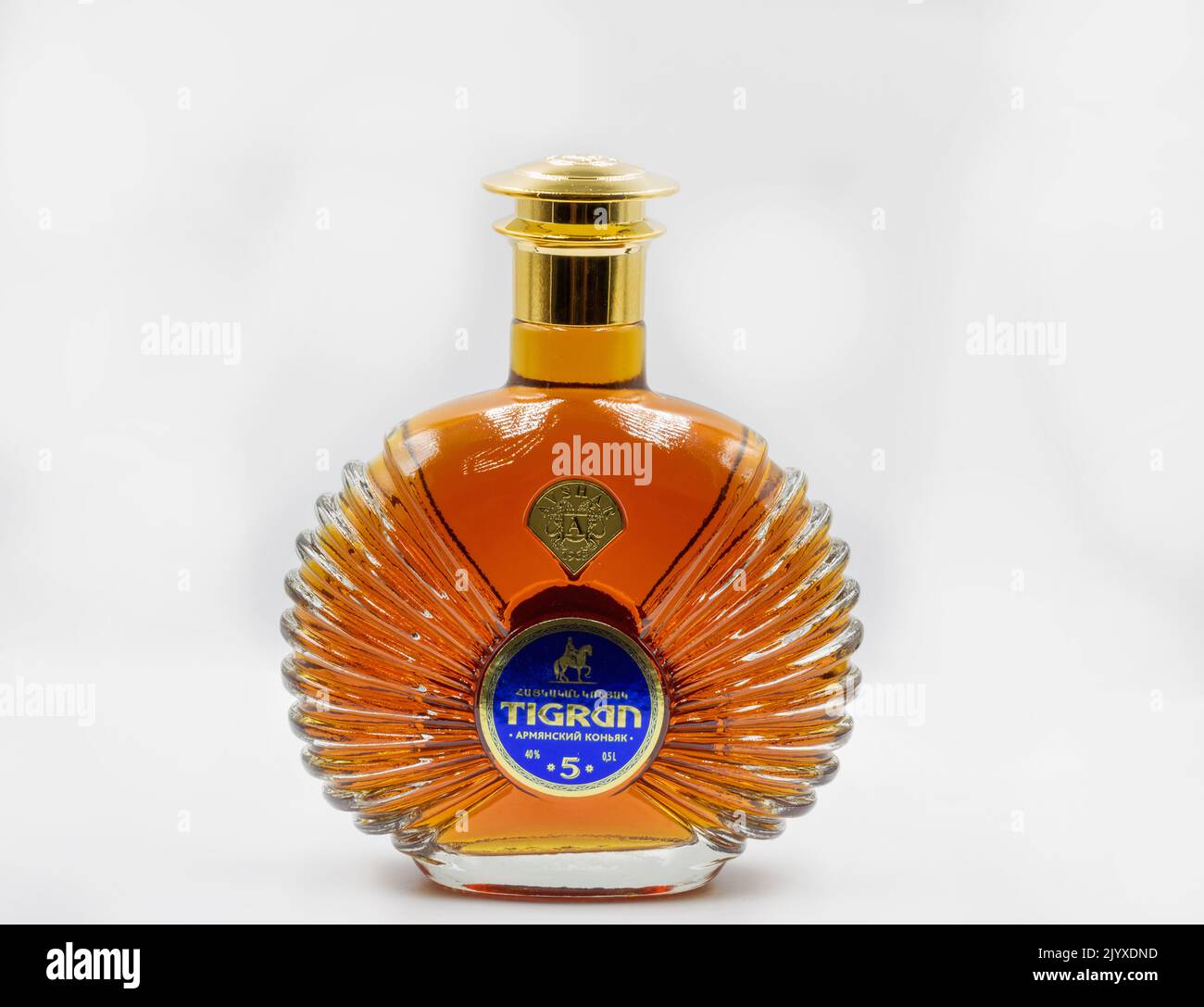 Kyiv, Ukraine - June 26, 2022: Studio shoot of Tigran cognac bottle closeup on white. It is a luxury brand of Armenian cognac produced by Avshar Wine Stock Photo
