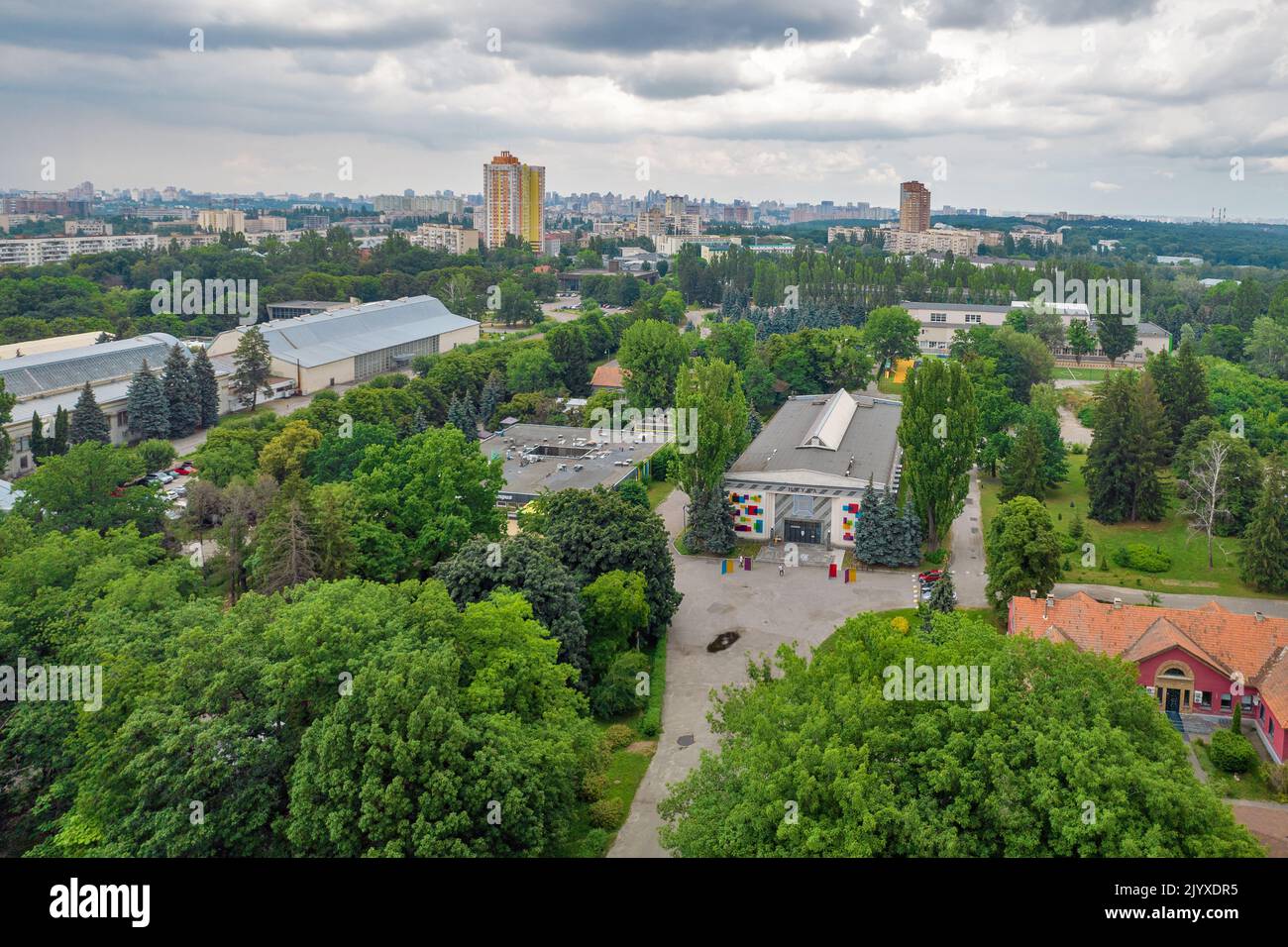 Kyiv, Ukraine - July 03, 2021: Landscape drone view over National Expocenter and Holosiivskyi National Natural Park. Stormy weather. Stock Photo