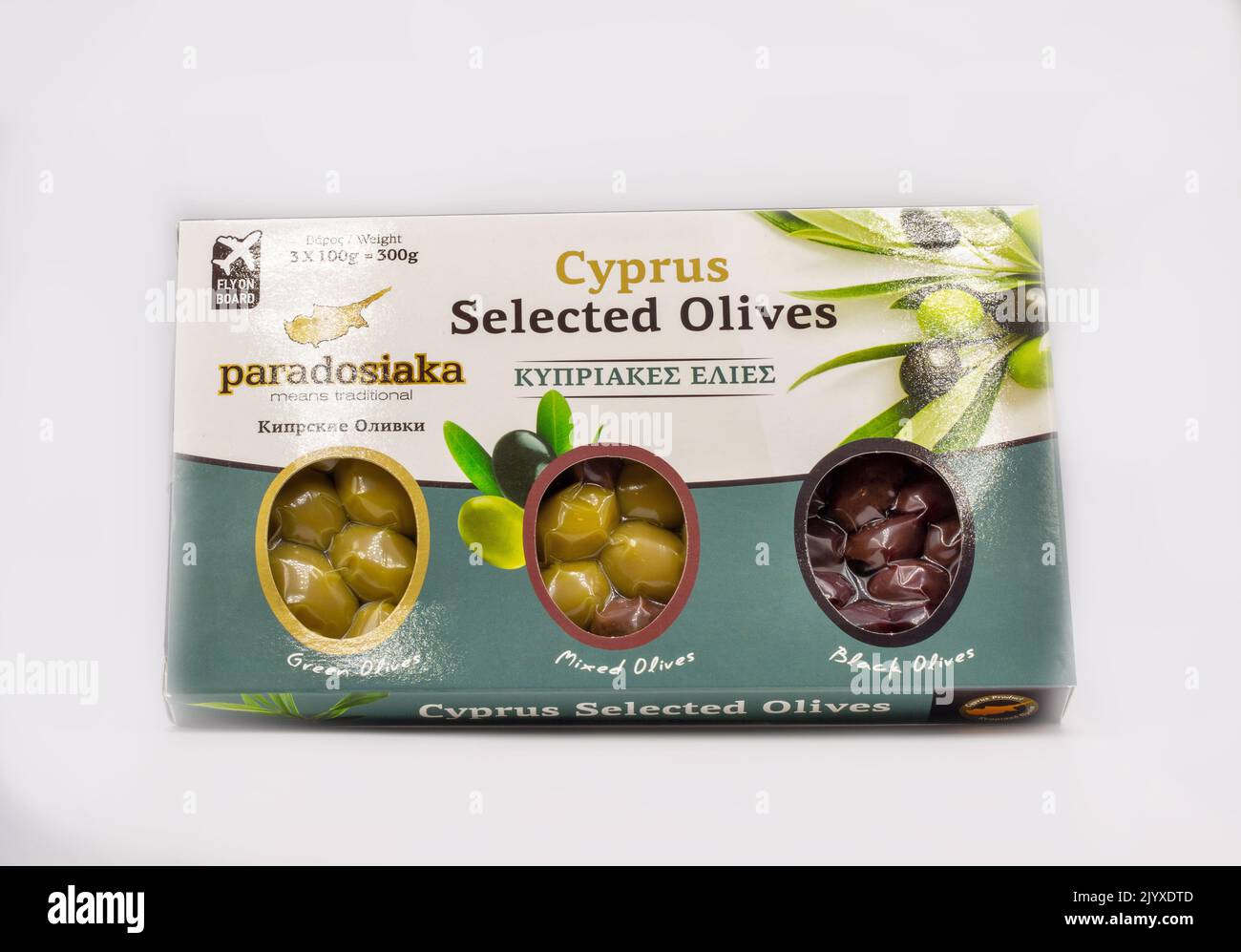 Kyiv, Ukraine - June 02, 2021: Studio shoot of Fly on Board Cyprus Selected traditional whole green, black and mixed marinated olives package closeup Stock Photo