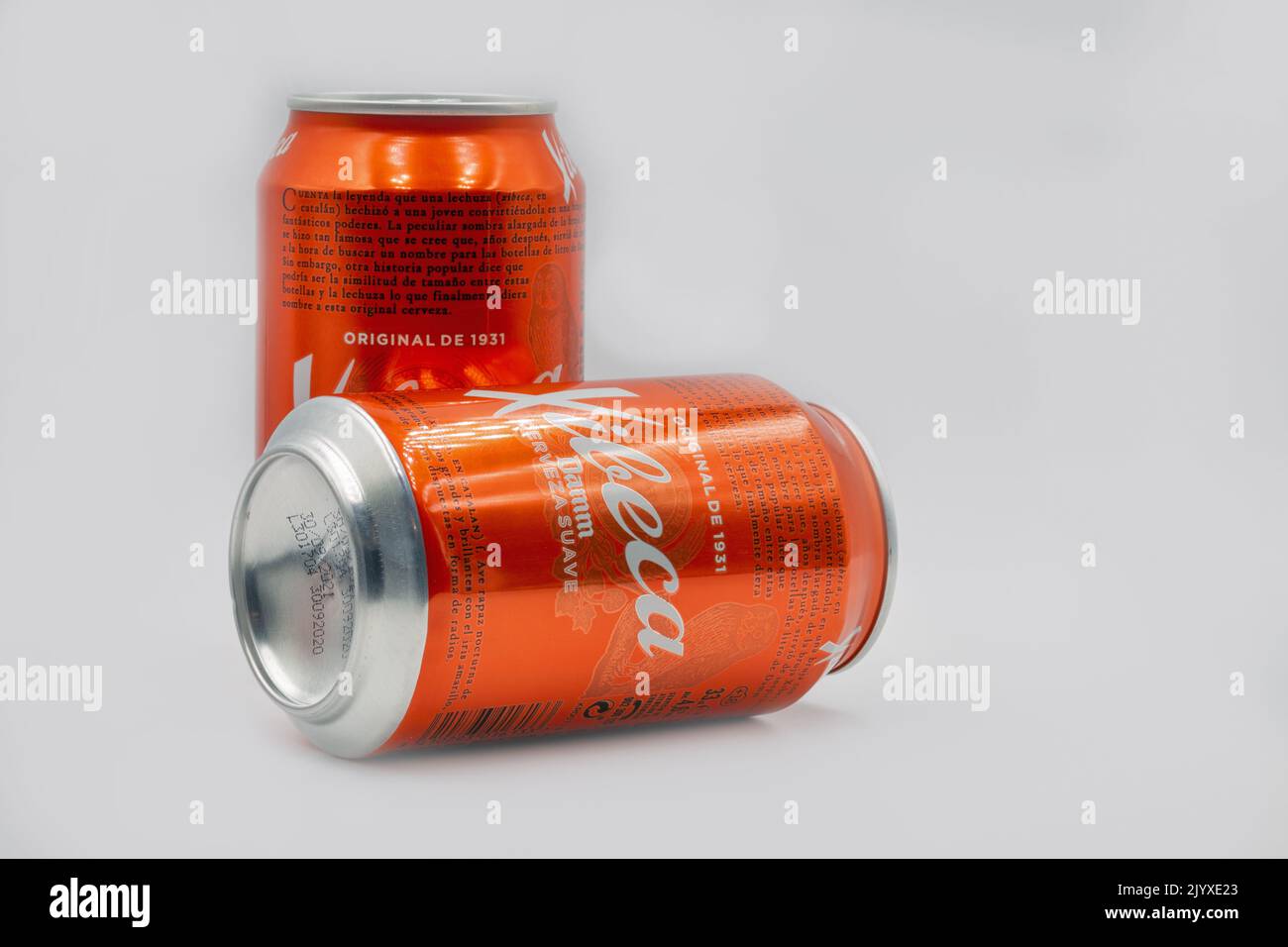 Kyiv, Ukraine - June 10, 2021: Studio shoot of Spanish beer Xibeca cans from manufacturer Barcelona brewery S.A. Damm closeup on white. It produced an Stock Photo