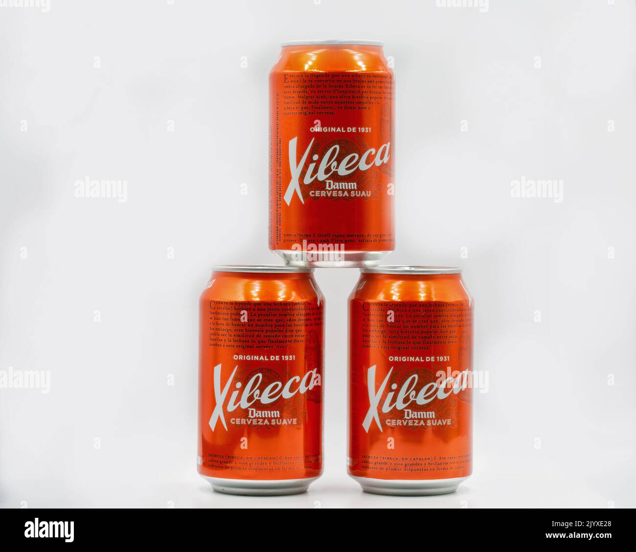 Kyiv, Ukraine - June 10, 2021: Studio shoot of Spanish beer Xibeca cans from manufacturer Barcelona brewery S.A. Damm closeup on white. It produced an Stock Photo